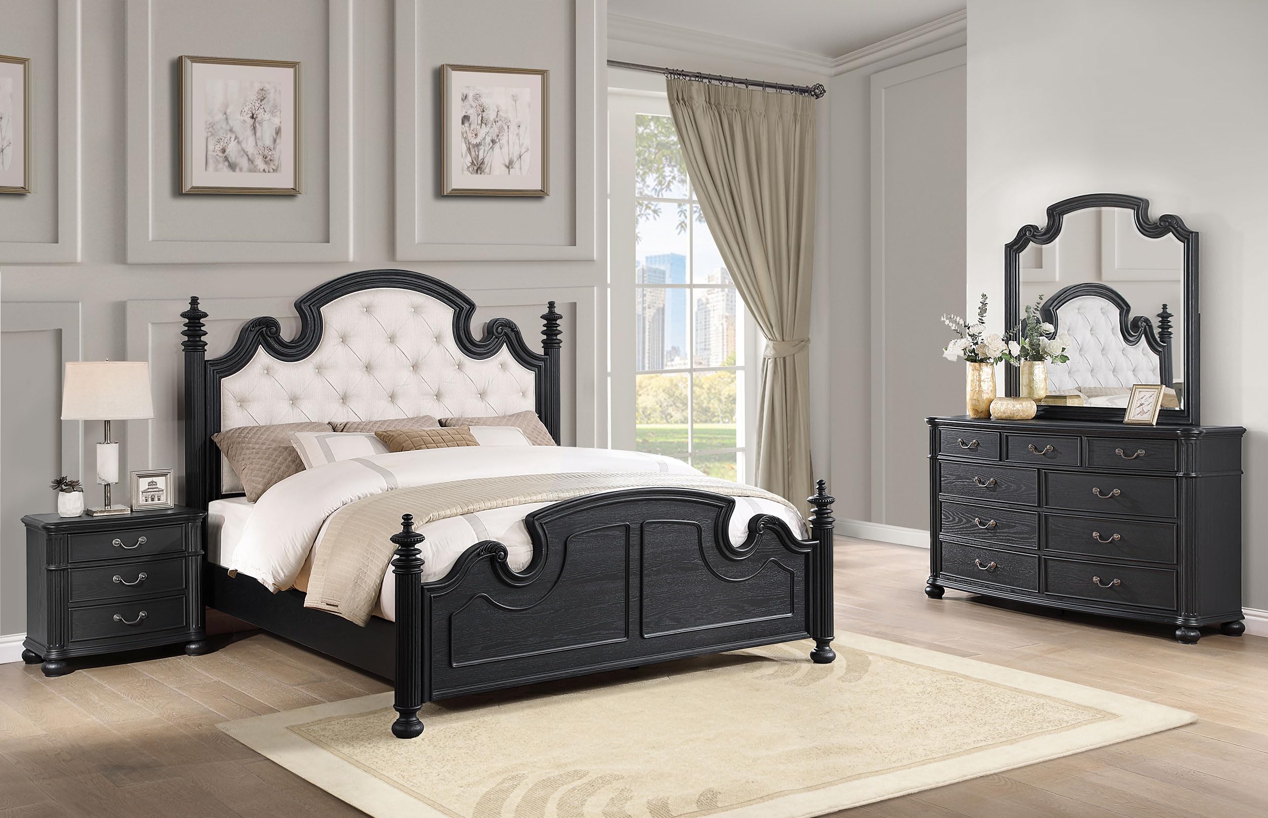 Coaster Home Furnishings Celina Traditional 4-Piece Bedroom Set Fabric Upholstered Queen Size Four-Poster Bed Frame 67-inch Headboard Black 224761Q-S4