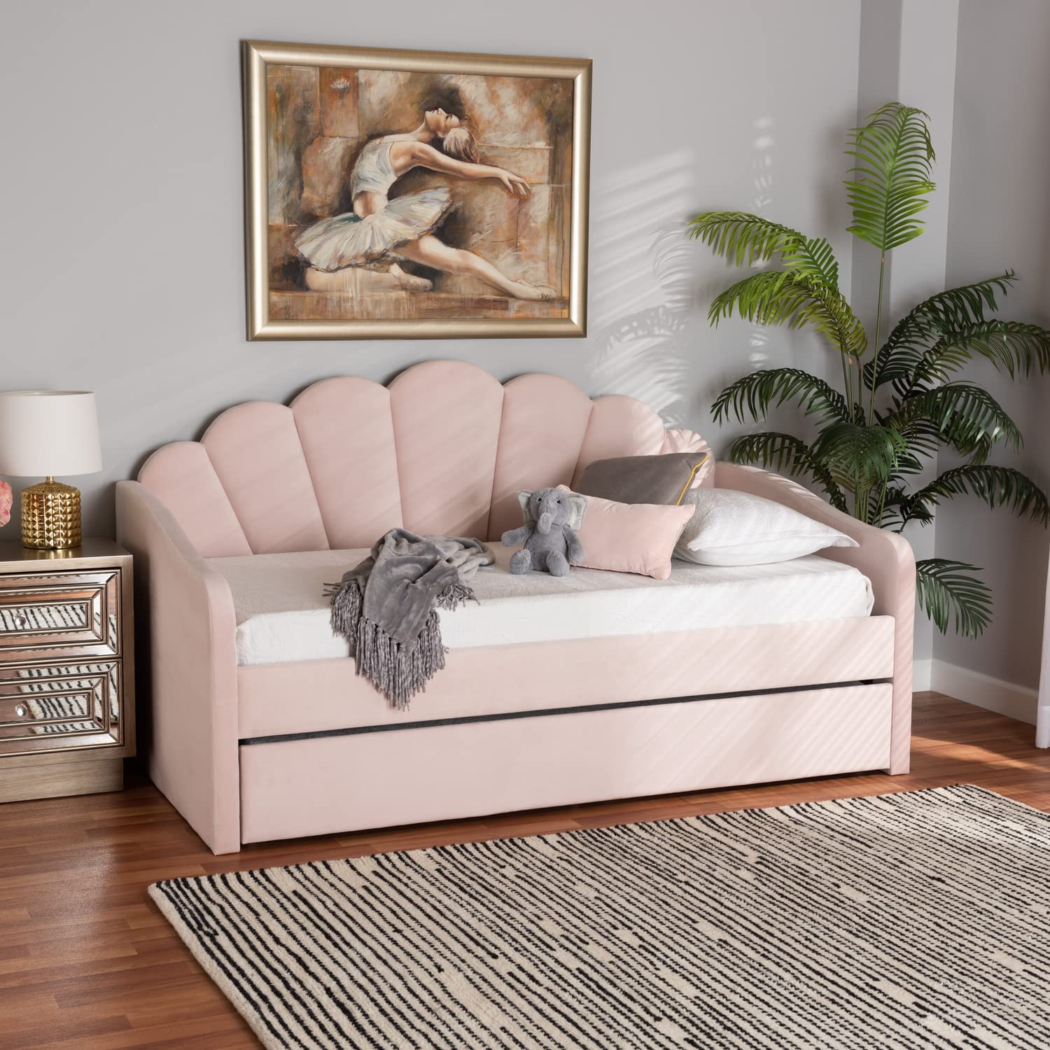 Baxton Studio Timila Pink Velvet Full Size Daybed with Trundle
