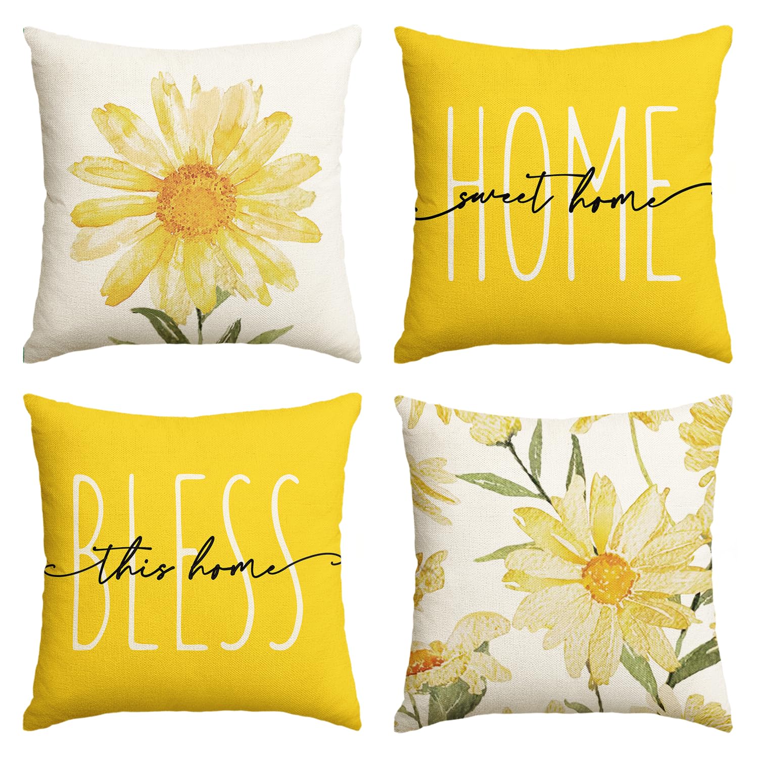 Avoin Colorlife Home Sweet Home Spring Summer Flowers Yellow Throw Pillow Covers, 18 X 18 Inch Cushion Case For Sofa Couch Set O
