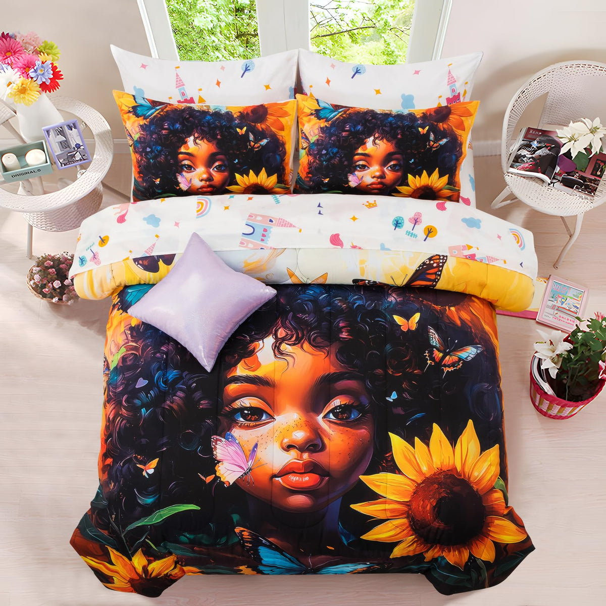 A Nice Night 6Pcs Comforter Sets,Black Girl With Butterfly Flying Printed, Sunflower Flowering Shrubs Background Kids Bedding Se