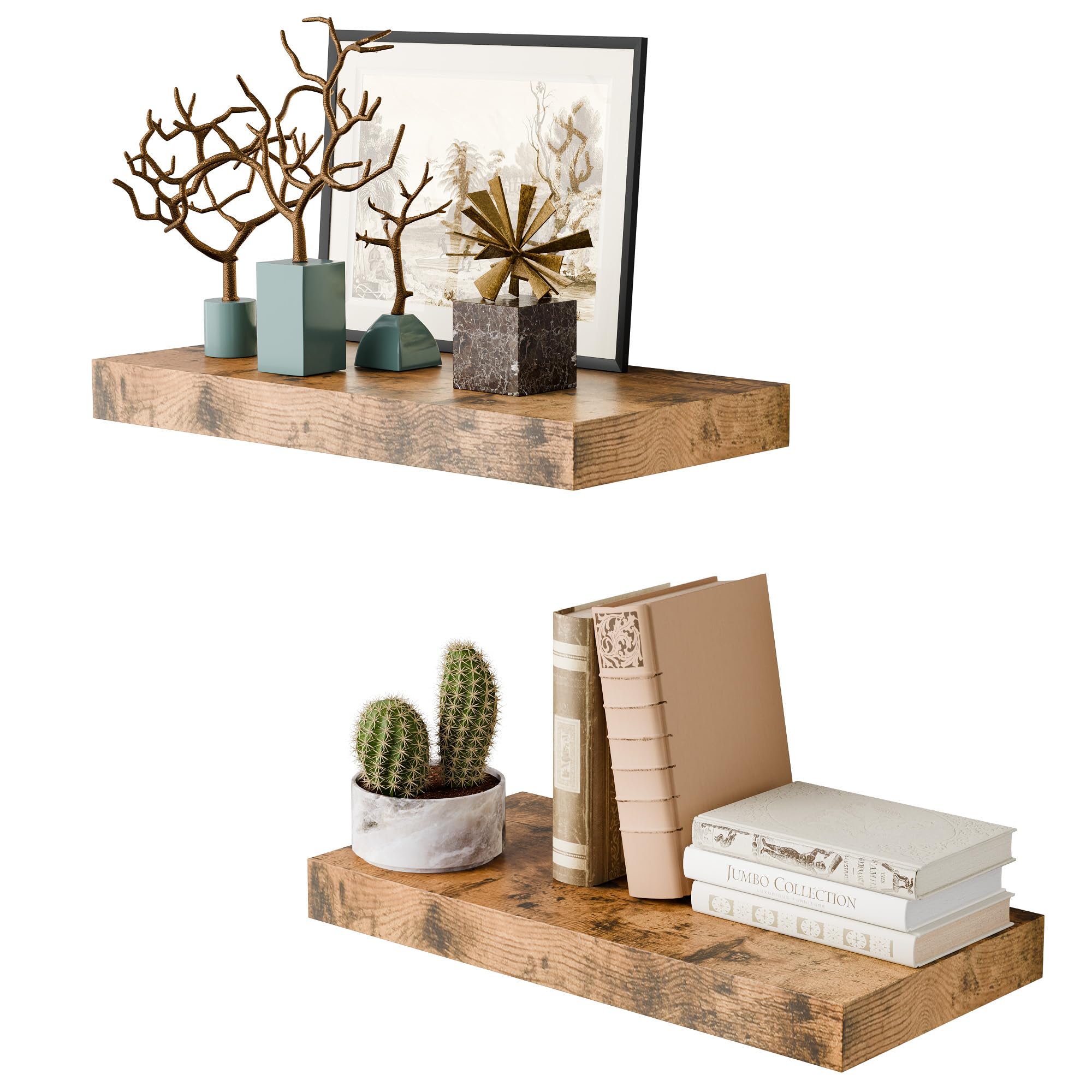 Sumbame Rustic Brown 16 Inch Floating Shelves For Wall, 8 Inch Deep Floating Shelves Set Of 2, Wall Shelves For Bathroom Over Toilet, Live Edge Shelf With Invisible Brackets For Bedroom, Home Decor