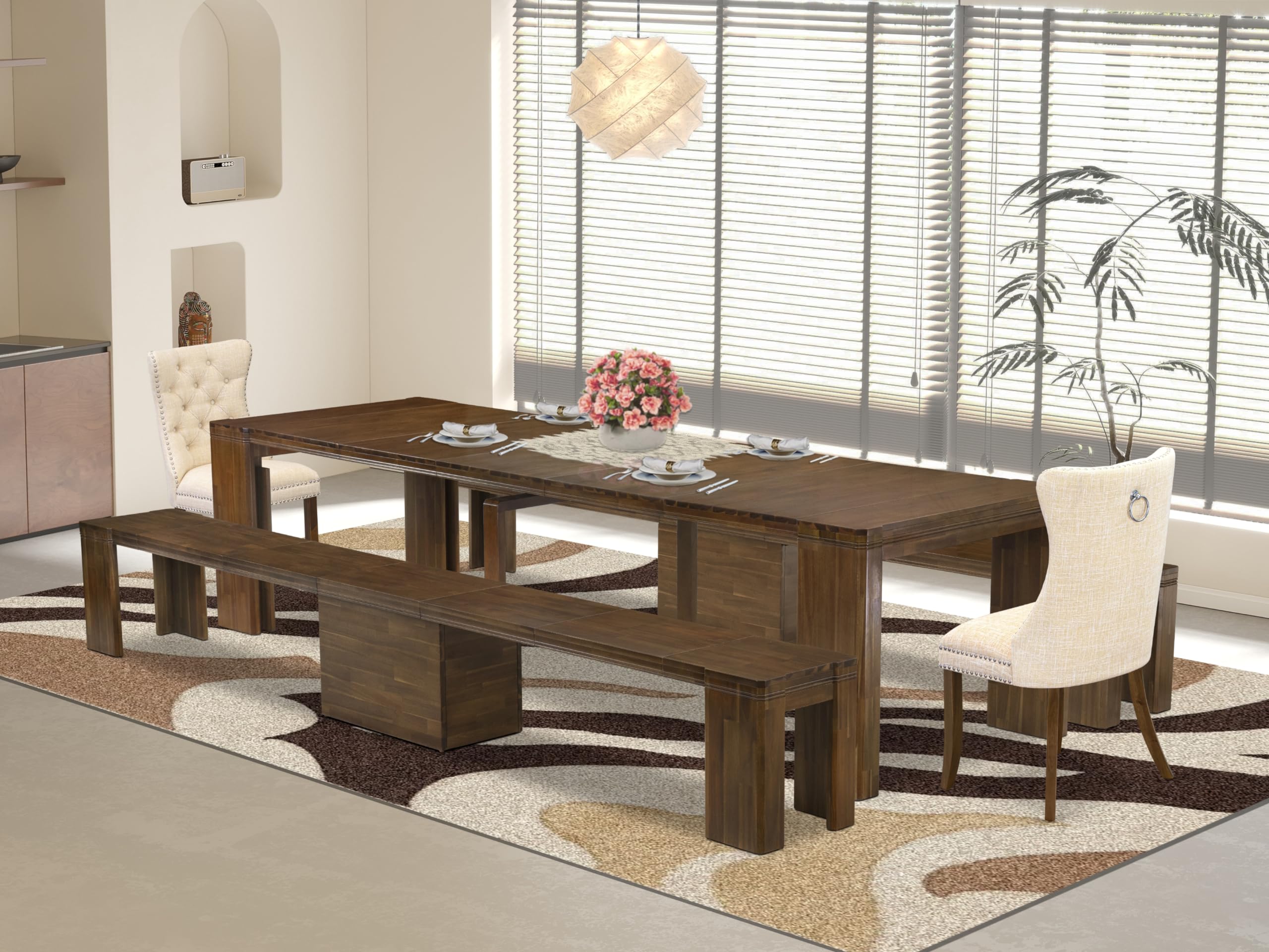 Luxe by East West Furniture - X02DA-208-32 - 5 Pieces Mid Century Dining Table Set contains an Extendable Rectangle Kitchen Table, 2 Dining Chairs and 2 Modern Benches, 39x120 Inch, Antique Walnut