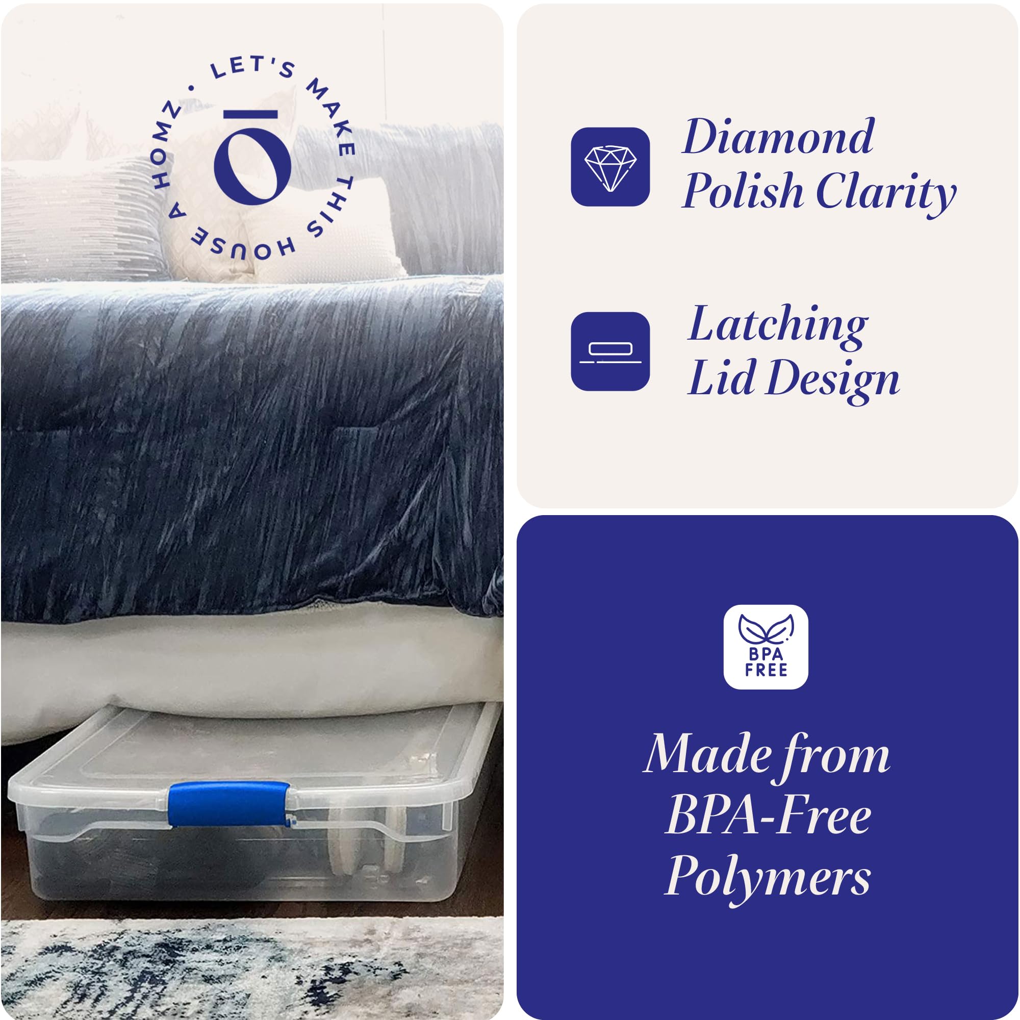 Homz Multipurpose 60 Qt Underbed Secure Latching Clear Plastic Storage Container With Snap-On Lid And Wheels For Home & Office O