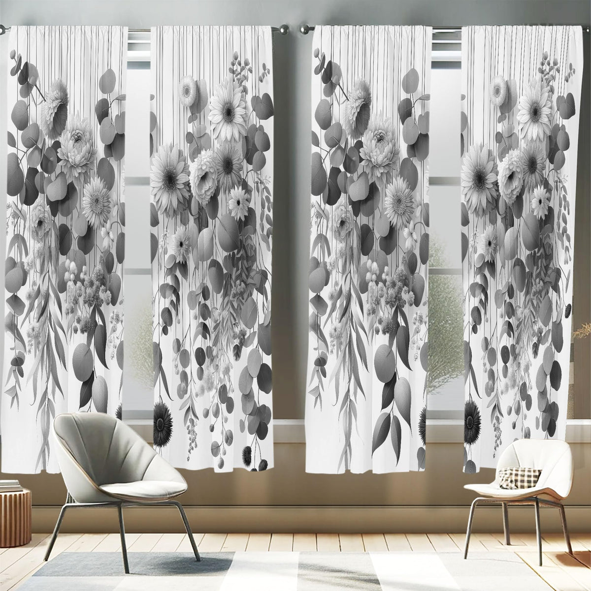 Ambesonne Grey Window Curtains Pack Of 2, Modern Illustration Of Futurist Design Leafy Floral Scene Monochrome Style, Lightweigh