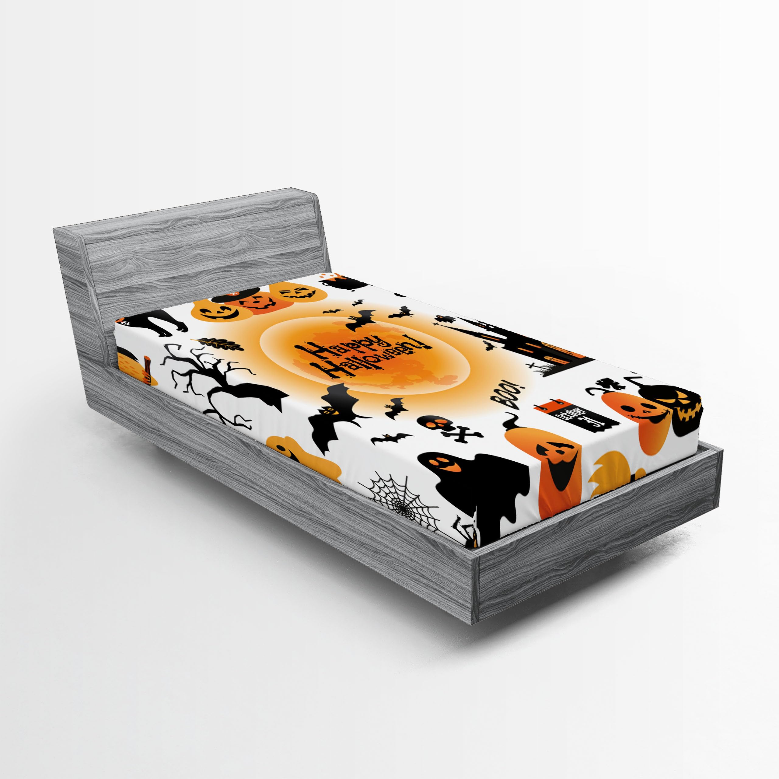 Ambesonne Halloween Fitted Sheet Set, All Hallows Day Objects Haunted House Owl and Trick or Treat Candy Black Cat, Bed Cover wi