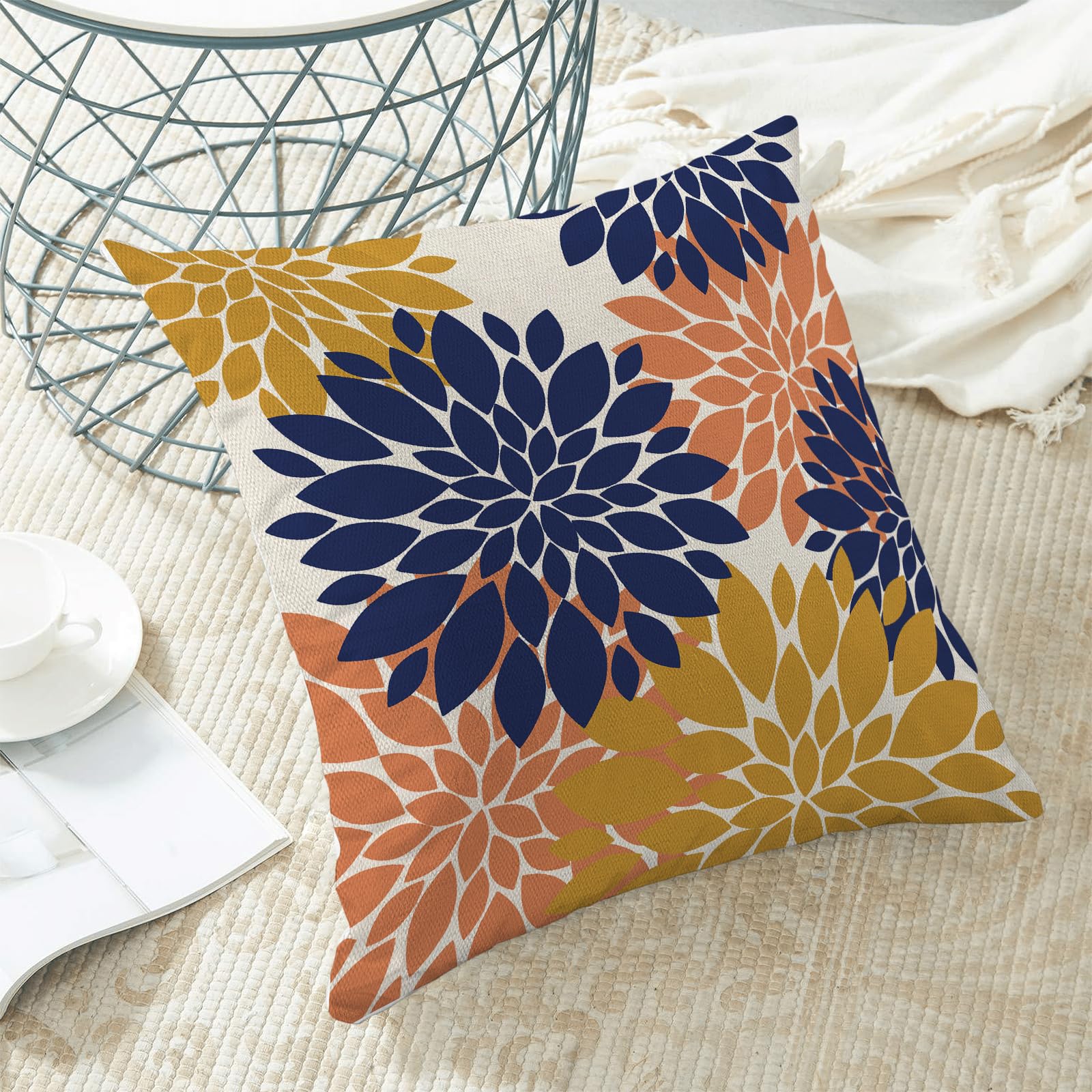 Navy Blue Summer Outdoor Pillow Covers 18X18 Inch Set Of 2 Mustard Yellow Coral Dahlia Floral Decor Throw Pillows Modern Geometr