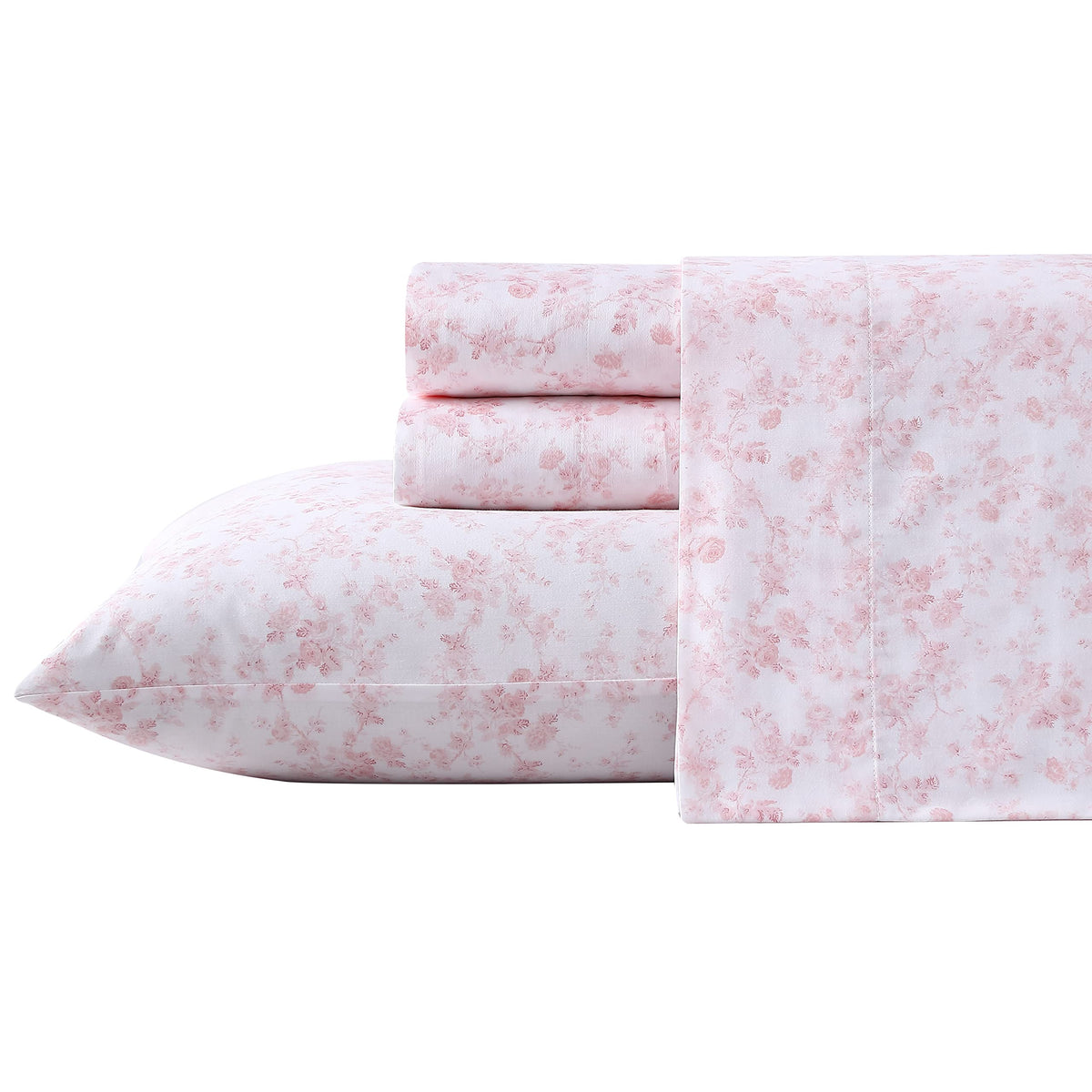 Laura Ashley Home King Sheet Set, Soft Sateen Cotton Bedding Set - Sleek, Smooth, & Breathable, Bella Pink