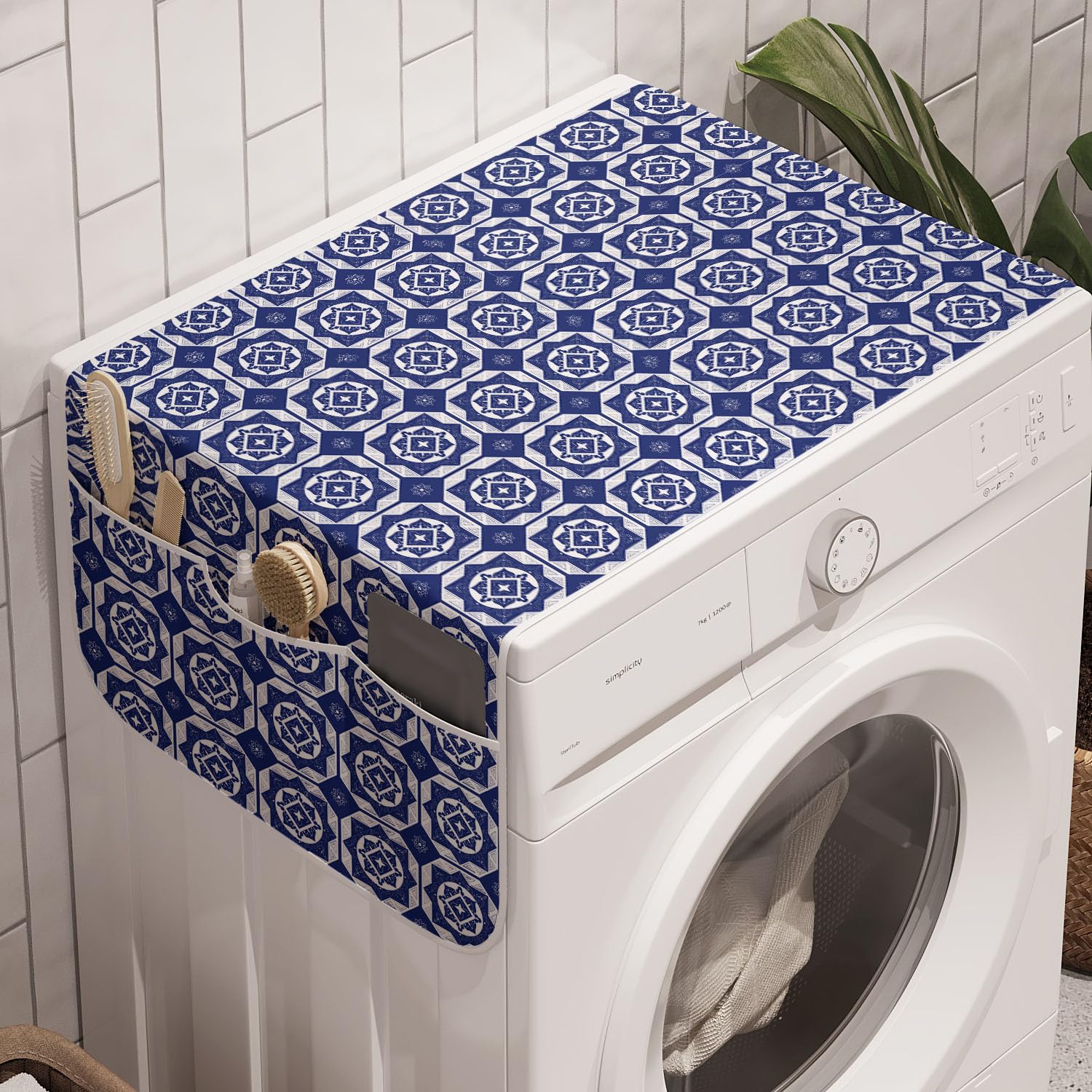 Ambesonne Dutch Washing Machine Organizer Pack Of 2, Delft Style Geometric Pattern With Rhombuses And Hexagons Holland Design, A