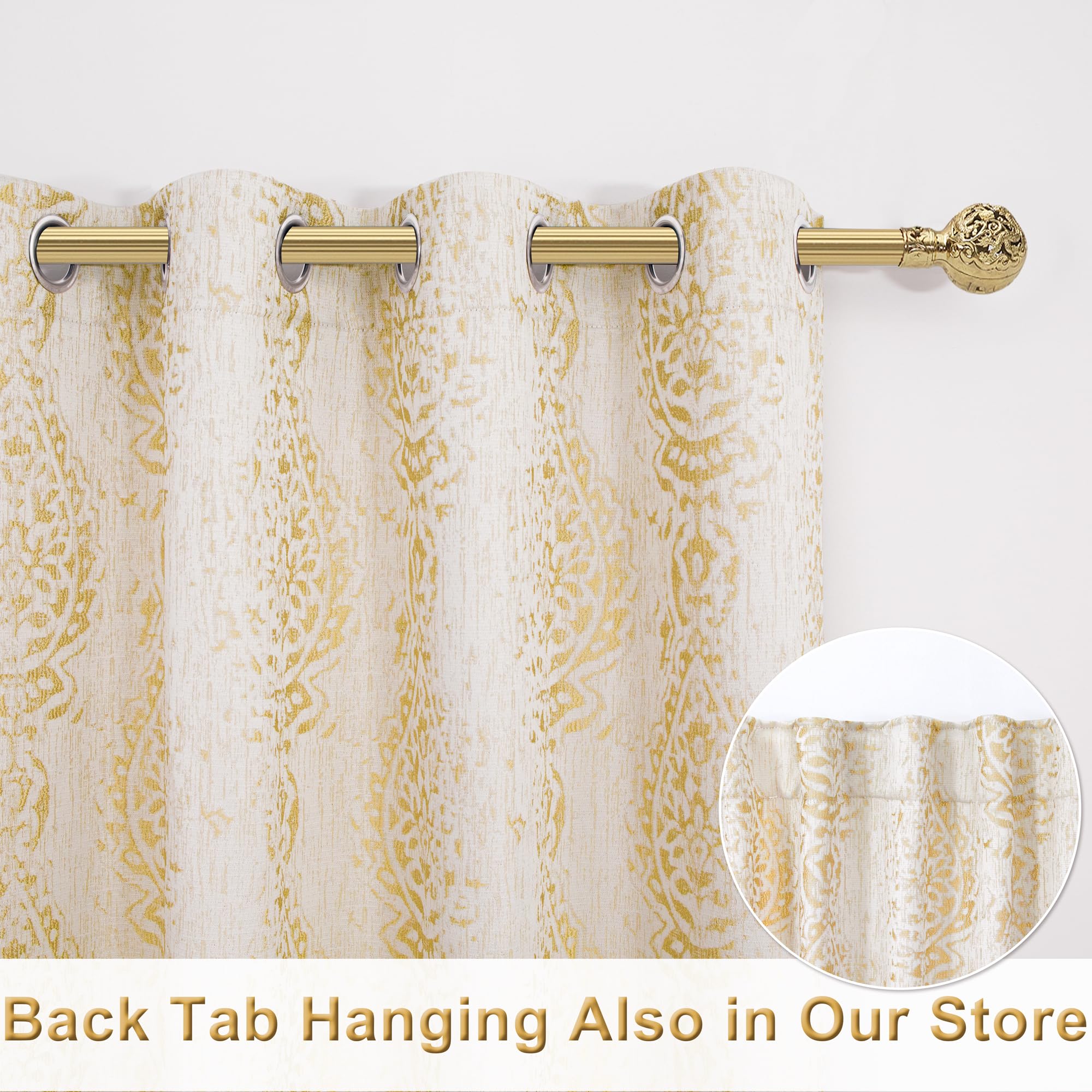 Mrs.Naturall Light Gold Curtains 63 Inch Length For Living Room 2 Panels Grommet Semi Sheer Pattern Luxurious Art Deco Lattice Curtains For Bathroom Bedroom