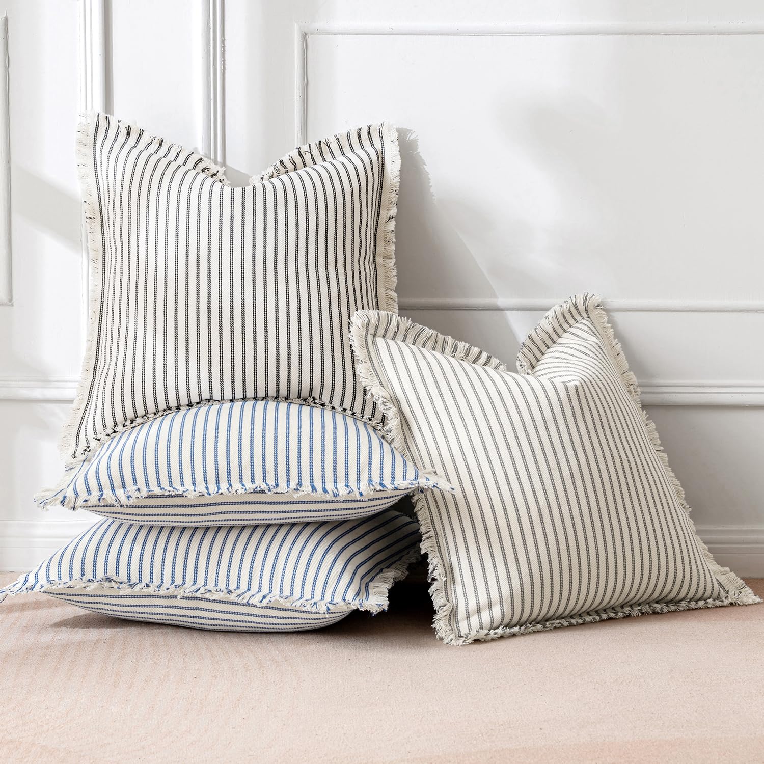 Miulee Pack Of 2 Gray Pillow Covers 26X26 Inch Striped Farmhouse Couch Throw Pillow Covers With Fringe Chic Linen Decorative Cushion Covers For Sofa Living Room Bed Home Decor