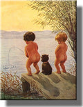 Boys By the Lake Distance Record Toilet Bathroom Picture Made on Stretched Canvas, Wall Art Decor Ready to Hang.