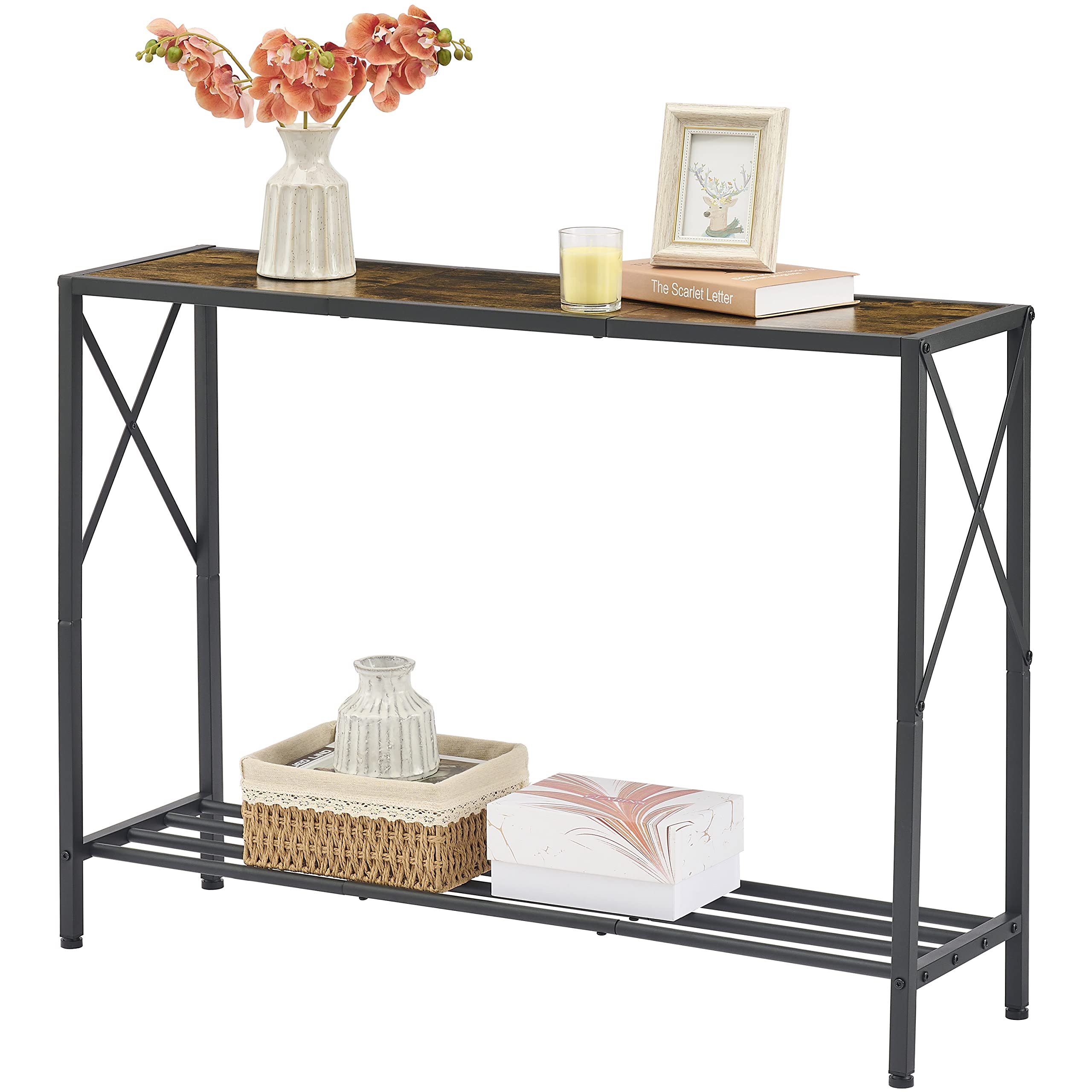 Tajsoon Console Table, 2-Tier Industrial Entryway Table, 41.8”L Narrow Sofa Table With Shelves, Entrance Table For Entryway, Hallway, Living Room, Foyer, Corridor, Office, Rustic Brown