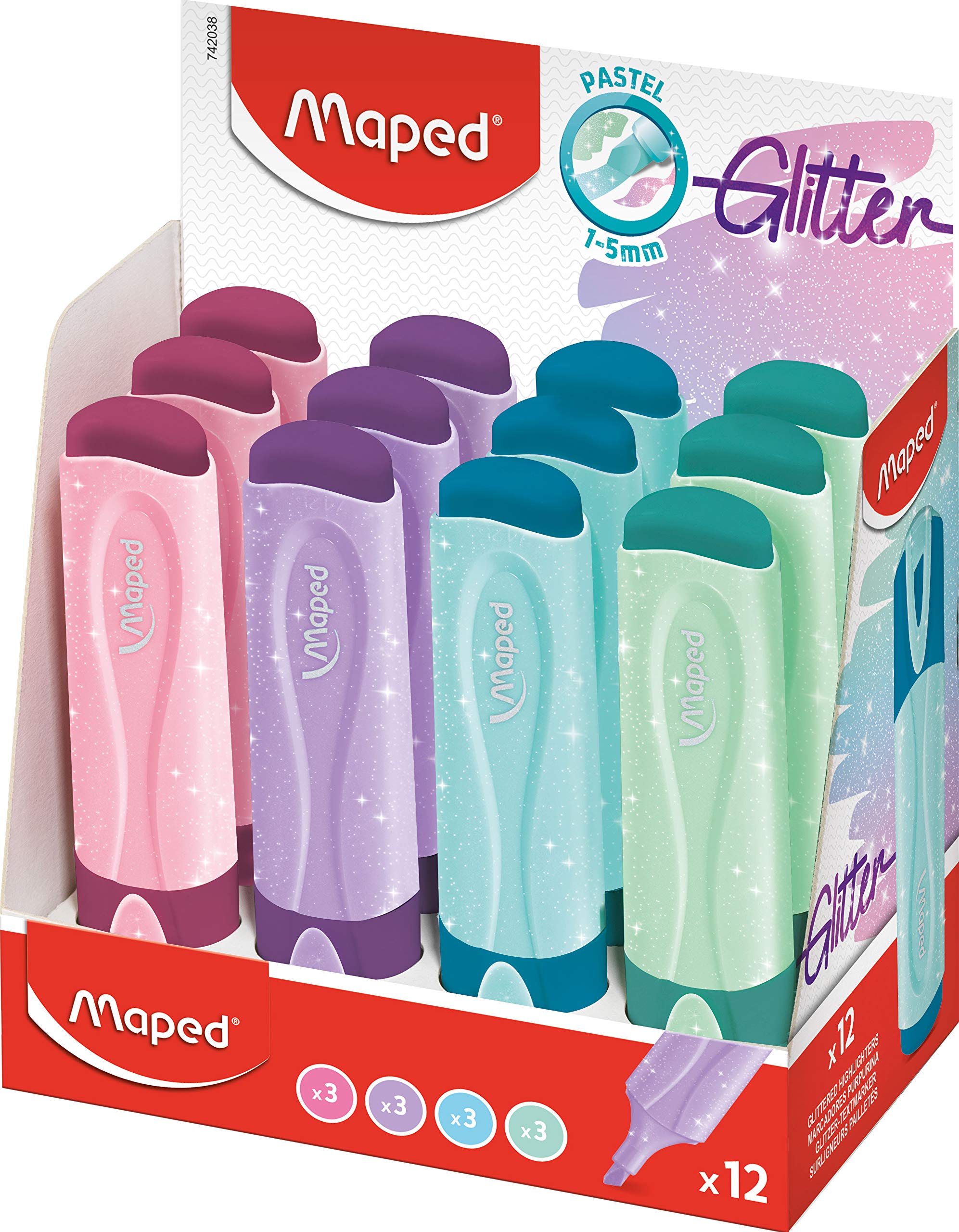 Maped Fluo Peps Pastel Glitter Highlighters - Pack Of 12 - Innovative Dual-Beveled Tip - Enhanced Visibility - 4 Vibrant Colors