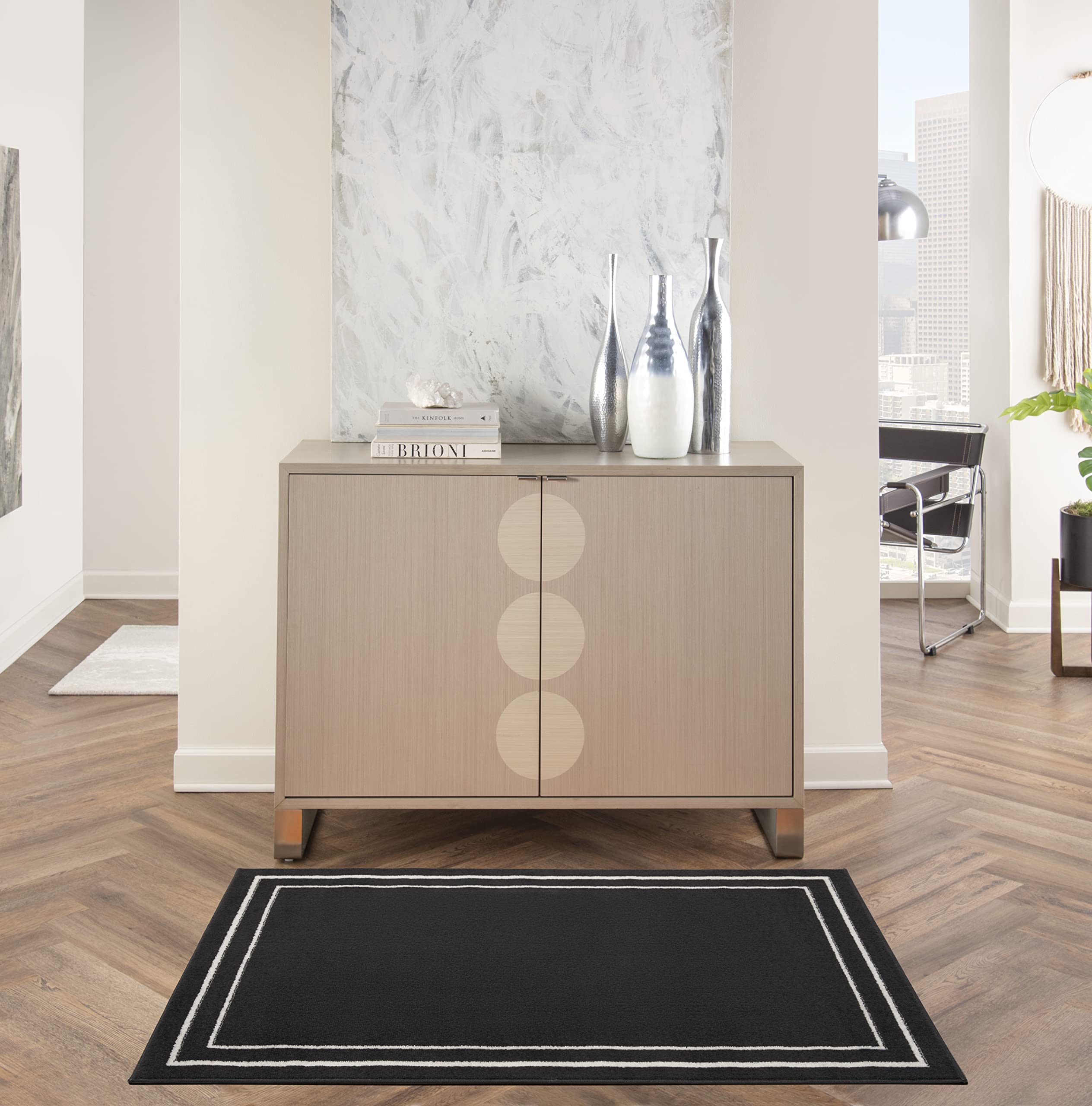 Nourison Essentials Indoor/Outdoor Solid Bordered Black Ivory 2' X 4' Area Rug, Easy Cleaning, Non Shedding, Bed Room, Living Ro