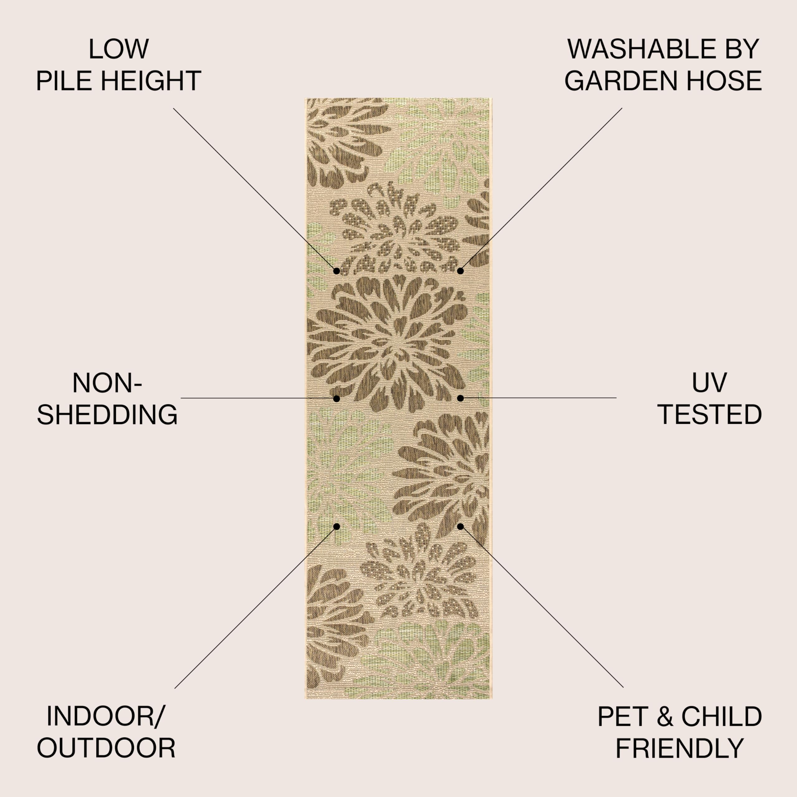 Jonathan Y Smb110A-5Sq Zinnia Modern Floral Textured Weave Indoor Outdoor Area Rug Bohemian Coastal Easy Cleaning Bedroom Kitchen Backyard Patio Non Shedding, 5' Square, Sage/Brown
