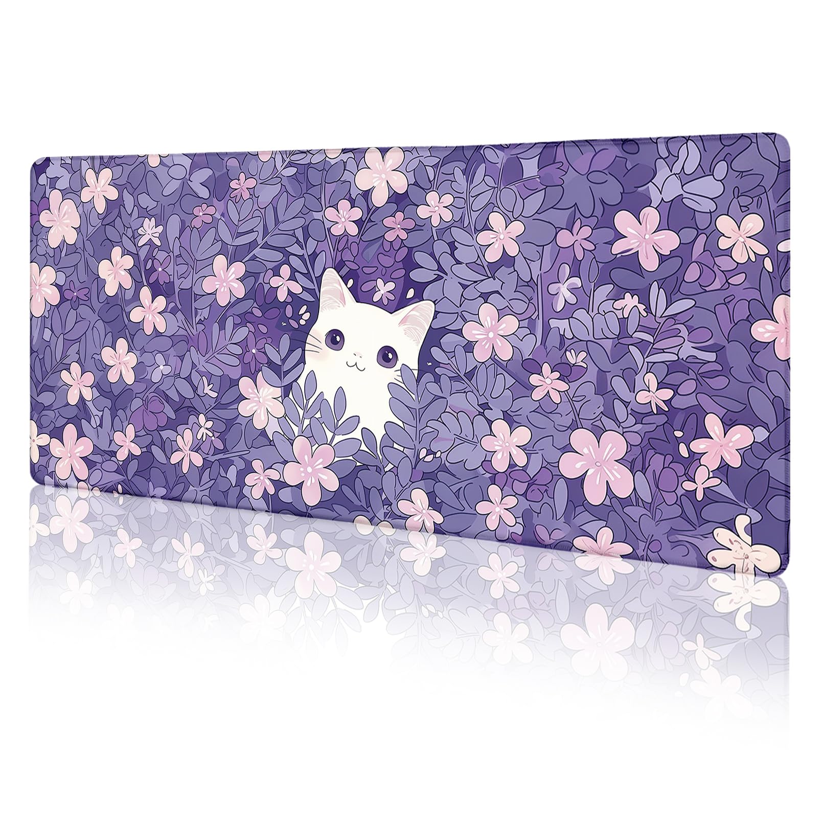 Limkrian Cat Purple Mouse Pad Large Desk Mat, Kawaii Purple Computer Mousepad With Stitched Edges Non-Slip, Keyboard Mouse Pad F