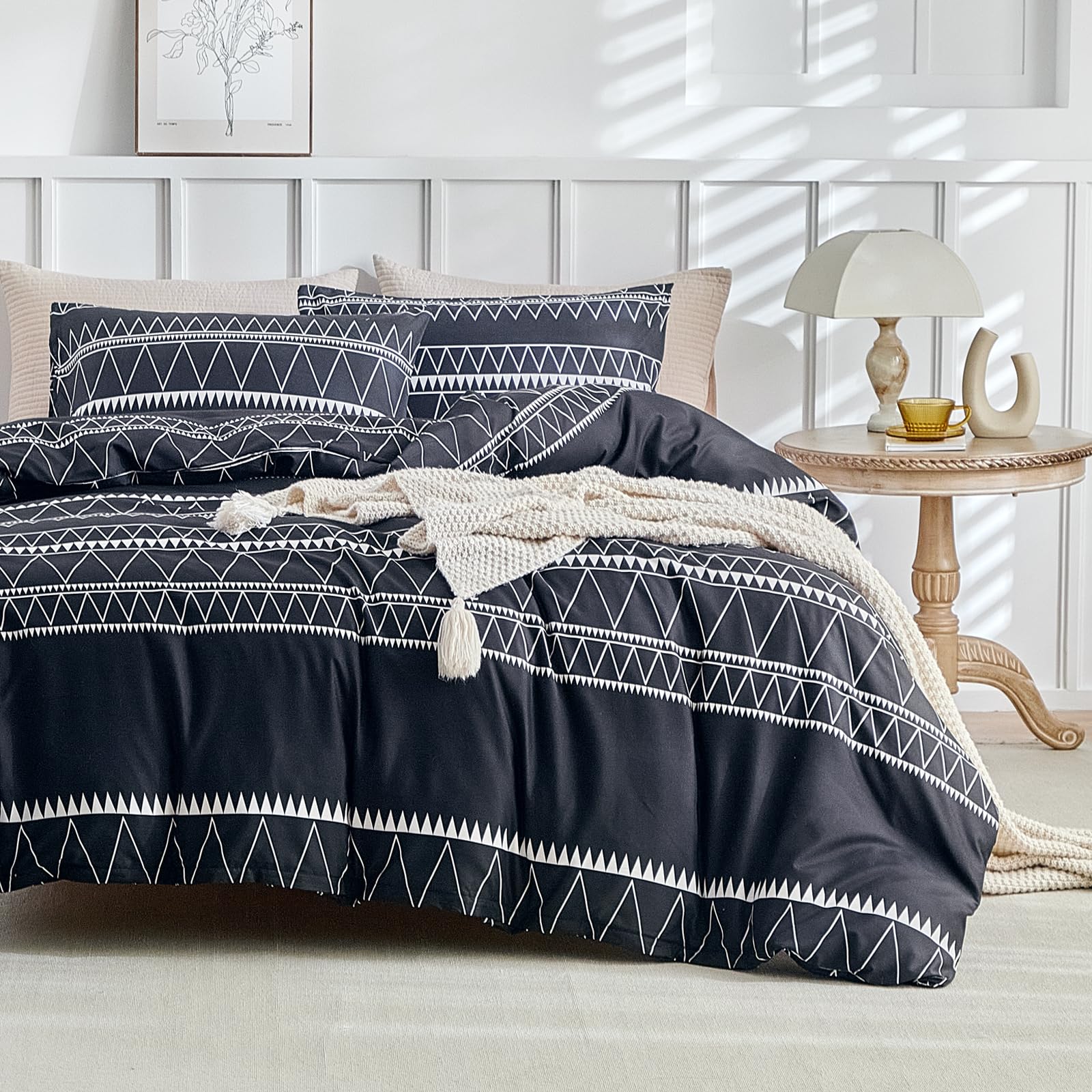 Lekesky Boho Duvet Cover Queen Size - Black Duvet Cover Set, Comforter Cover Queen For 3Pc Ultra Soft Microfiber Breathable Bedd