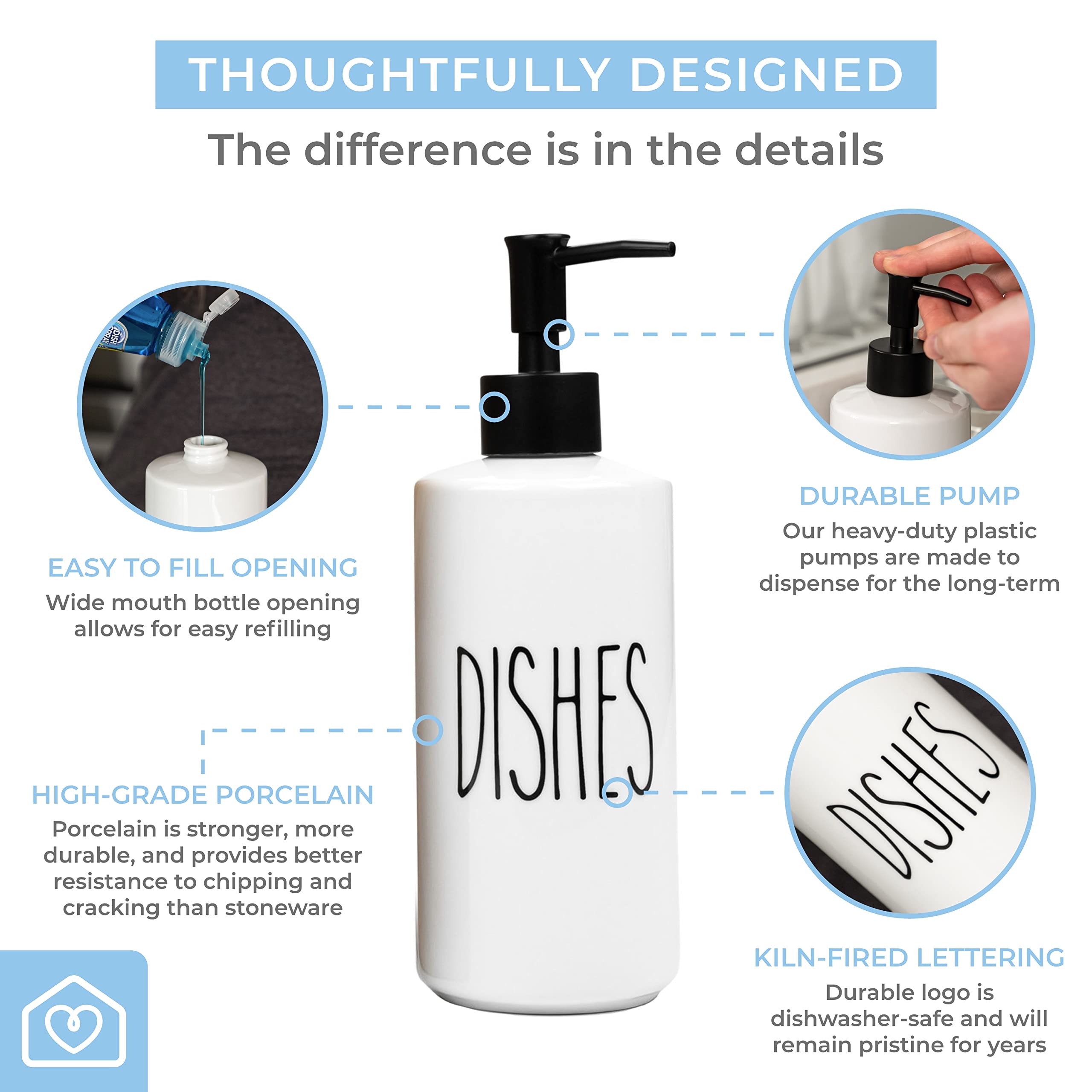 Heartland Home Porcelain 16Oz Kitchen Soap Dispenser. Detergent Dispenser Or Dish Soap Dispenser For Kitchen Sink. White Soap Di