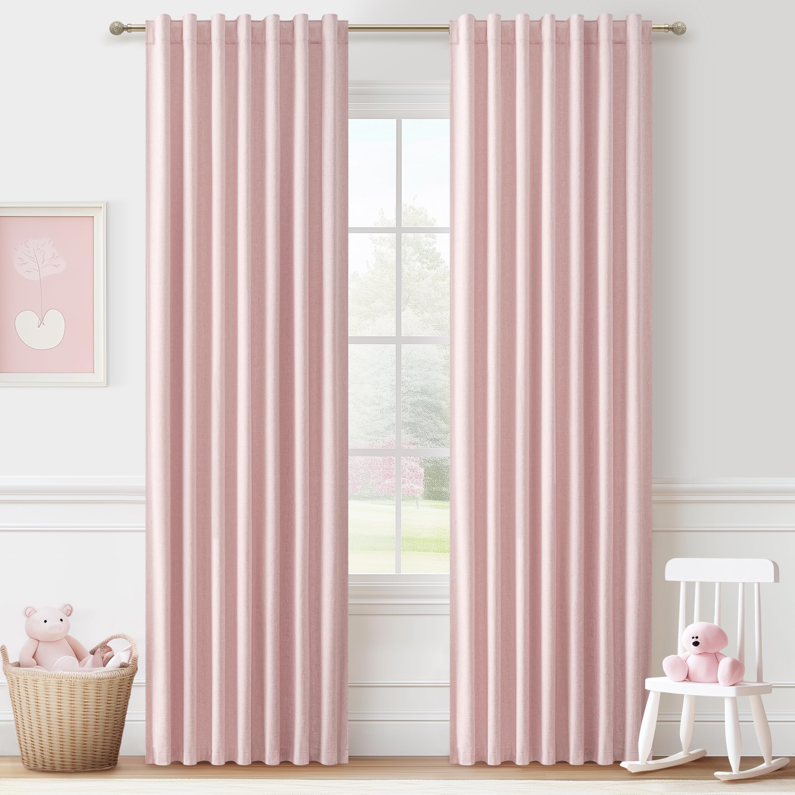 BabyPink Curtains for Girls Room, Cute Blackout Bedroom Curtains Aesthetic 84 Inch Length 2 Panels Set Flax Linen Thermal Drapes