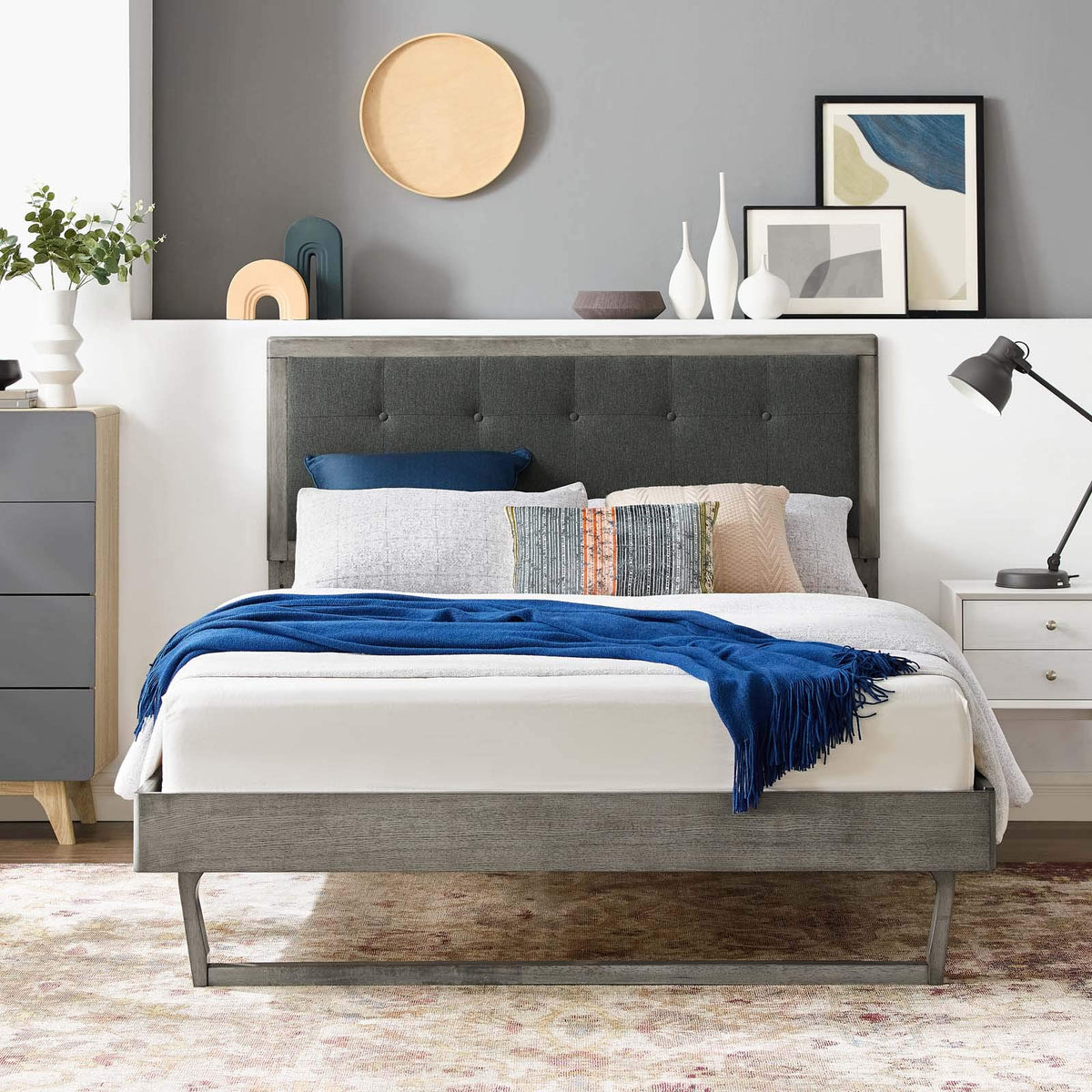 Modway Willow Wood Platform Bed With Angular Frame, Queen, Gray Charcoal