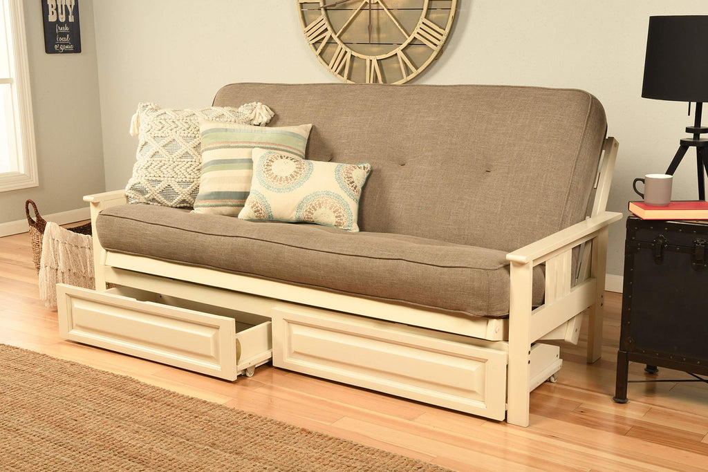 Kodiak Furniture Monterey Futon Set With Storage Drawers, With Antique White Base And Linen Stone Mattress