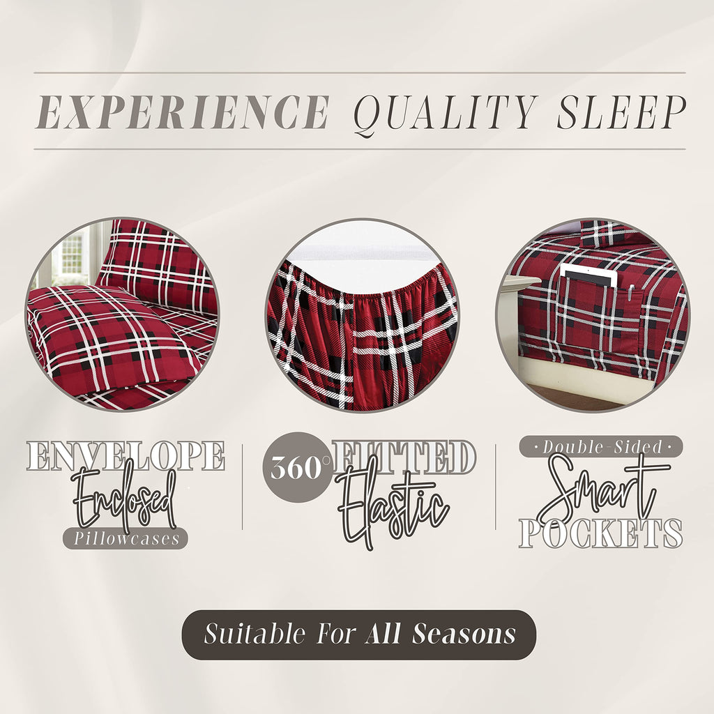 Elegant Comfort Lilliana Plaid 6-Piece Sheet Set, Supreme Coziness Fade & Wrinkle Resistant, 1500 Premium Hotel Quality Microfiber, Sheet Featuring Smart Pockets, Plaid Sheet Set, Twin Xl, Red