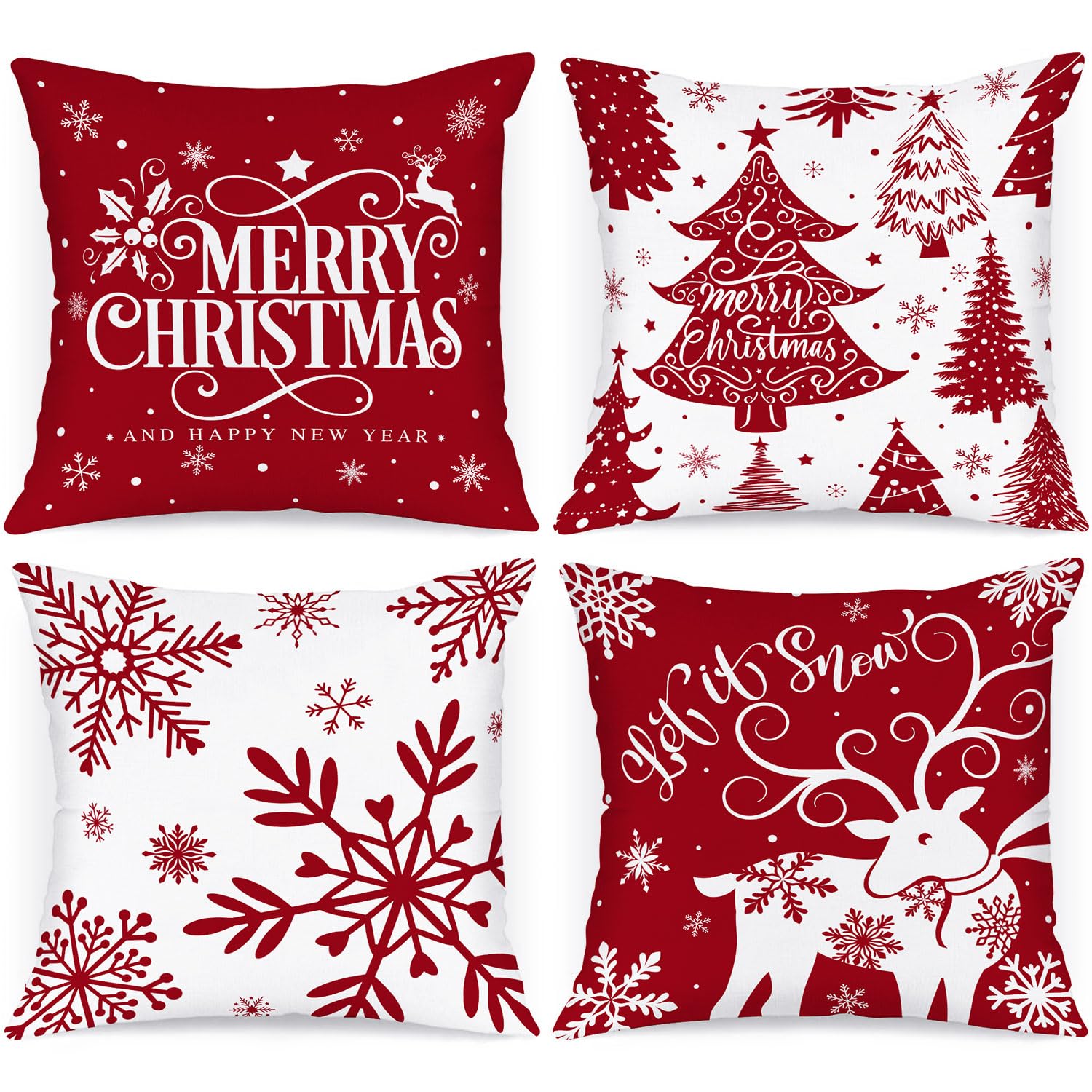 Lanpn White And Red 18X18 Christmas Pillow Covers Set Of 4, Decorative 18 Inch Winter Snowflake Throw Pillow Case Xmas Cushion C