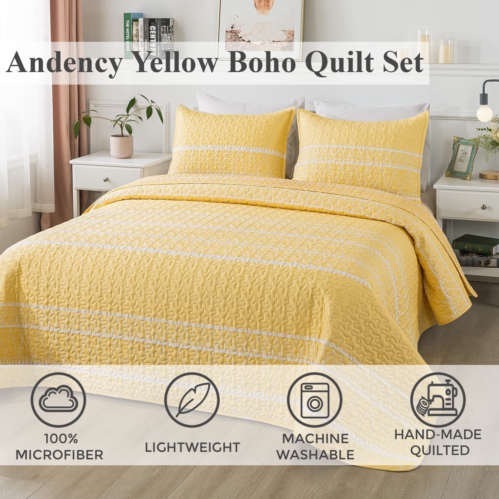 Andency Yellow Quilt Set Oversized King (118X120 Inch), 3 Pieces(1 Striped Triangle Printed Quilt And 2 Pillowcases), Bohemian Summer Lightweight Reversible Microfiber Bedspread Coverlet Sets