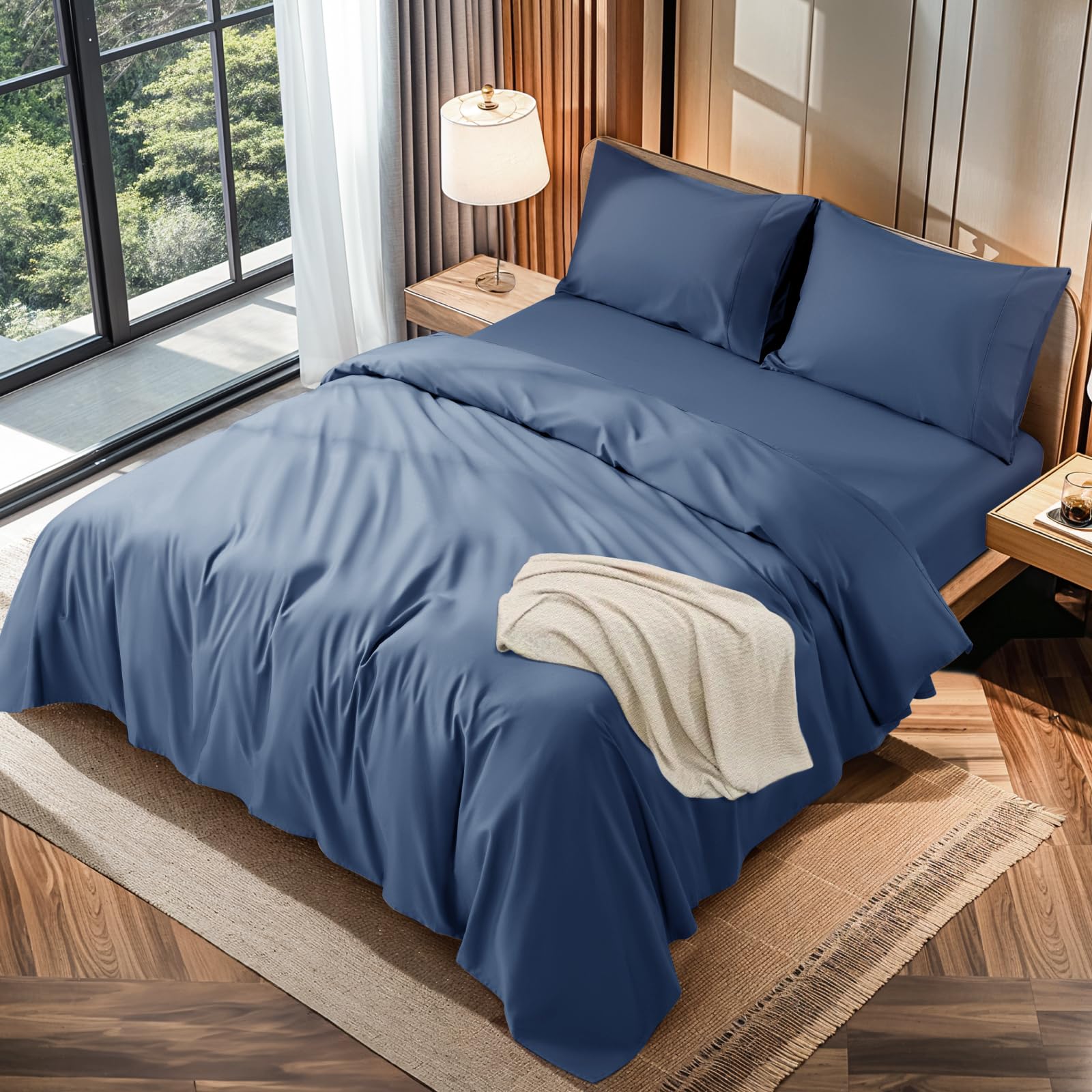 Lbro2M 100% Cotton 1200 Thread Count California King Size Sheets Set,16 Inches Deep Pocket,Bed Sheet 4 Piece Sets (Navy Blue)