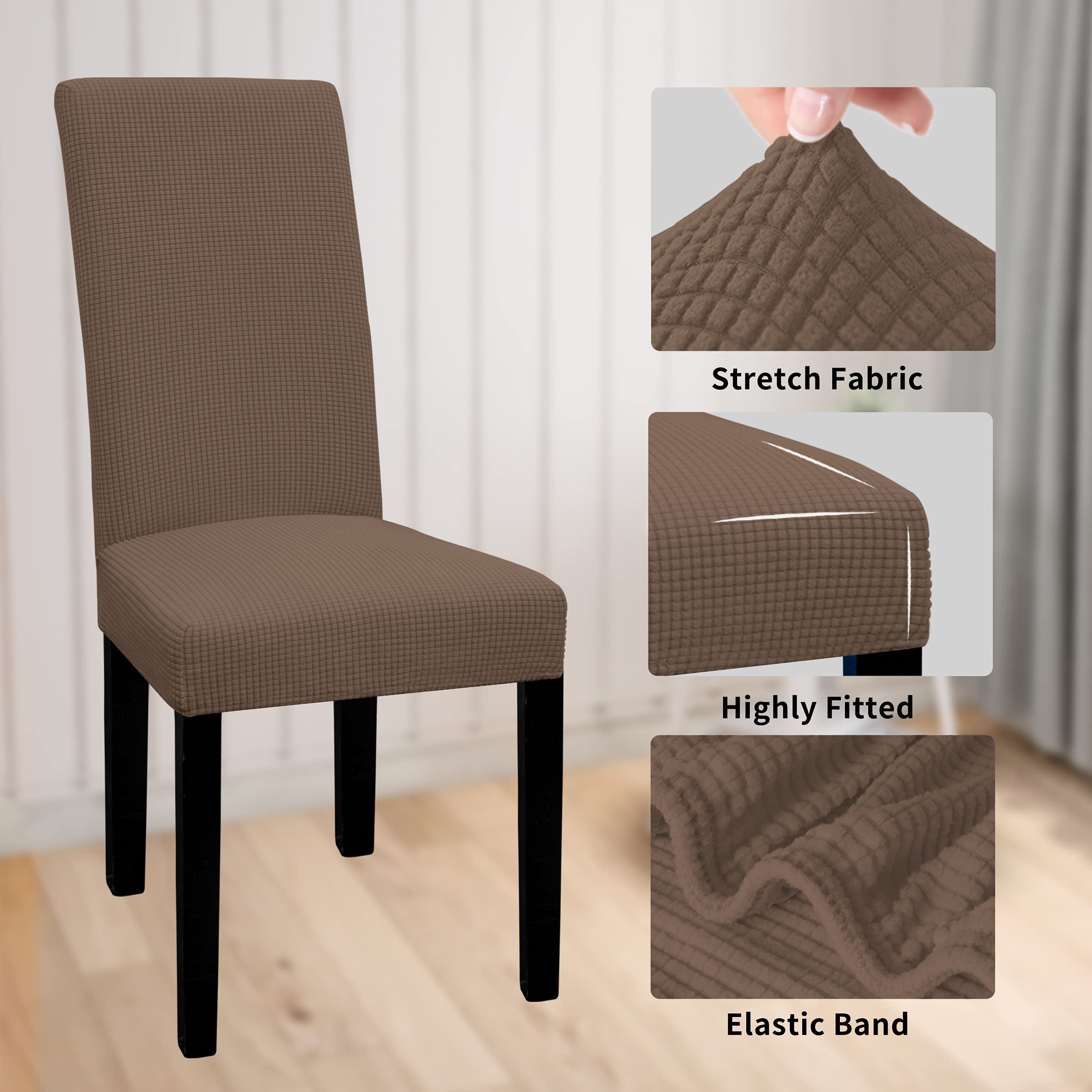 Easy-Going 100% Waterproof Dining Room Chair Cover Set Of 2, Stretch Jacquard Parson Chair Slipcover Removable Washable Chair Protector For Home, Restaurant, Banquet (Large, Brown)