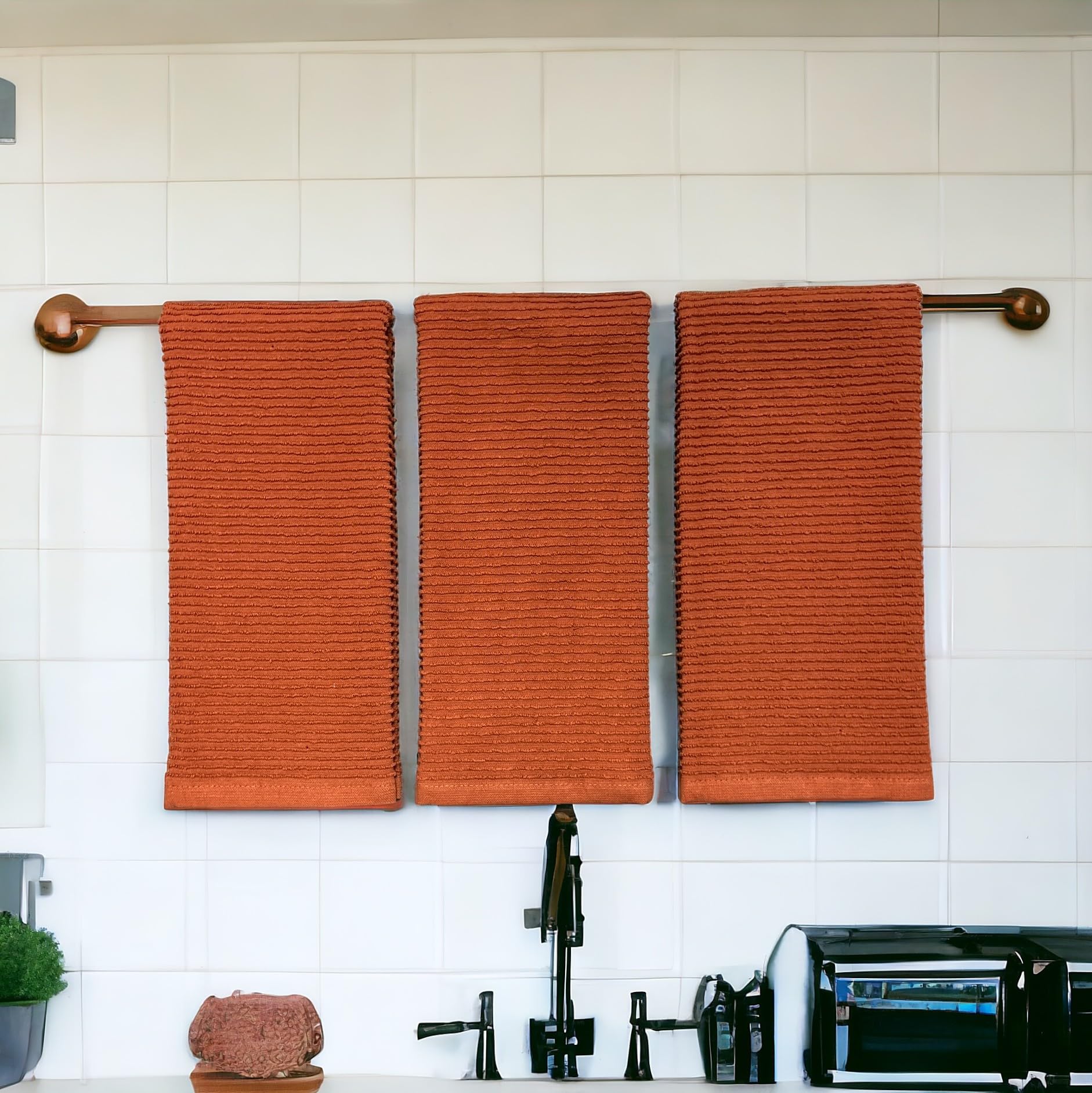 Kitchen Dish Towels For Hands Drying Cleaning Burnt Orange Rust 100% Cotton Soft Cloth Absorbent Terry Loop, Set Of 3 Multipurpo