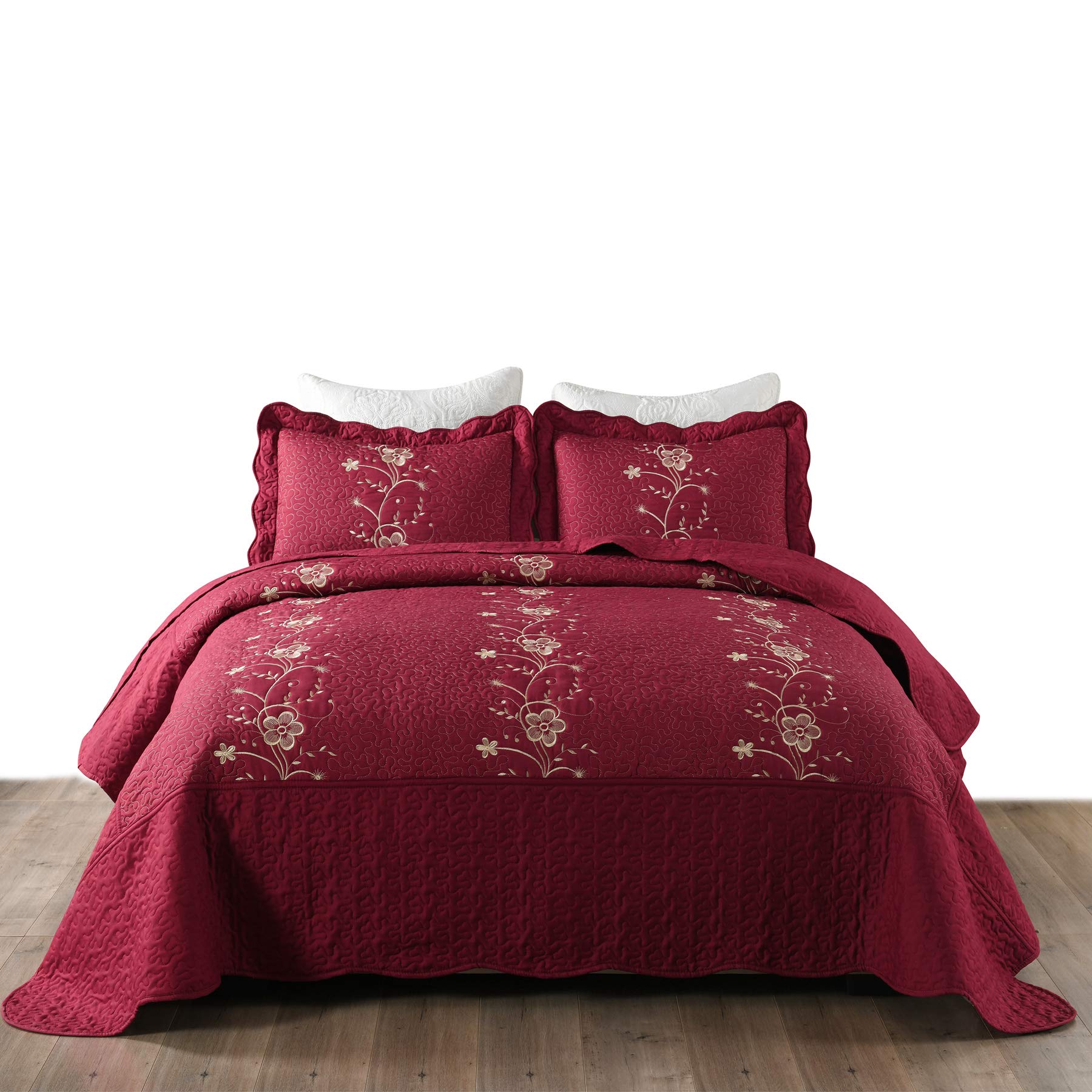 Marcielo 3 Piece Lightweight Bedspread Quilt Set Microfiber Quilt Embroidered Bedspreads Bed Coverlet Set, Lapaz (Burgundy, King