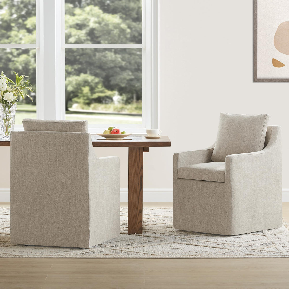 Kislot Upholstered Dining Chair With Casters Easy Assembly Side Deskchair With Rollers For Diningroom Living Room,Khaki,2 Box