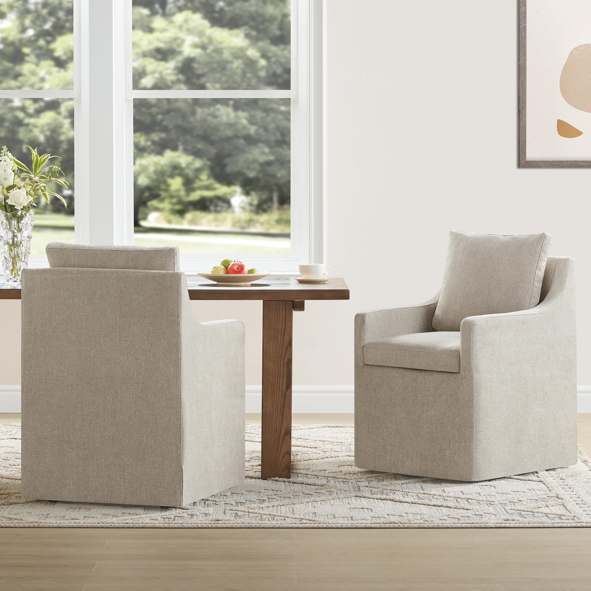Kislot Upholstered Dining Chair With Casters Easy Assembly Side Deskchair With Rollers For Diningroom Living Room,Khaki,2 Box