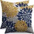 Smozenith Navy Blue Yellow Pillow Covers 20X20 Inch Set Of 2, Modern Geometry Dahlia Floral Print Decorative Throw Pillow Covers