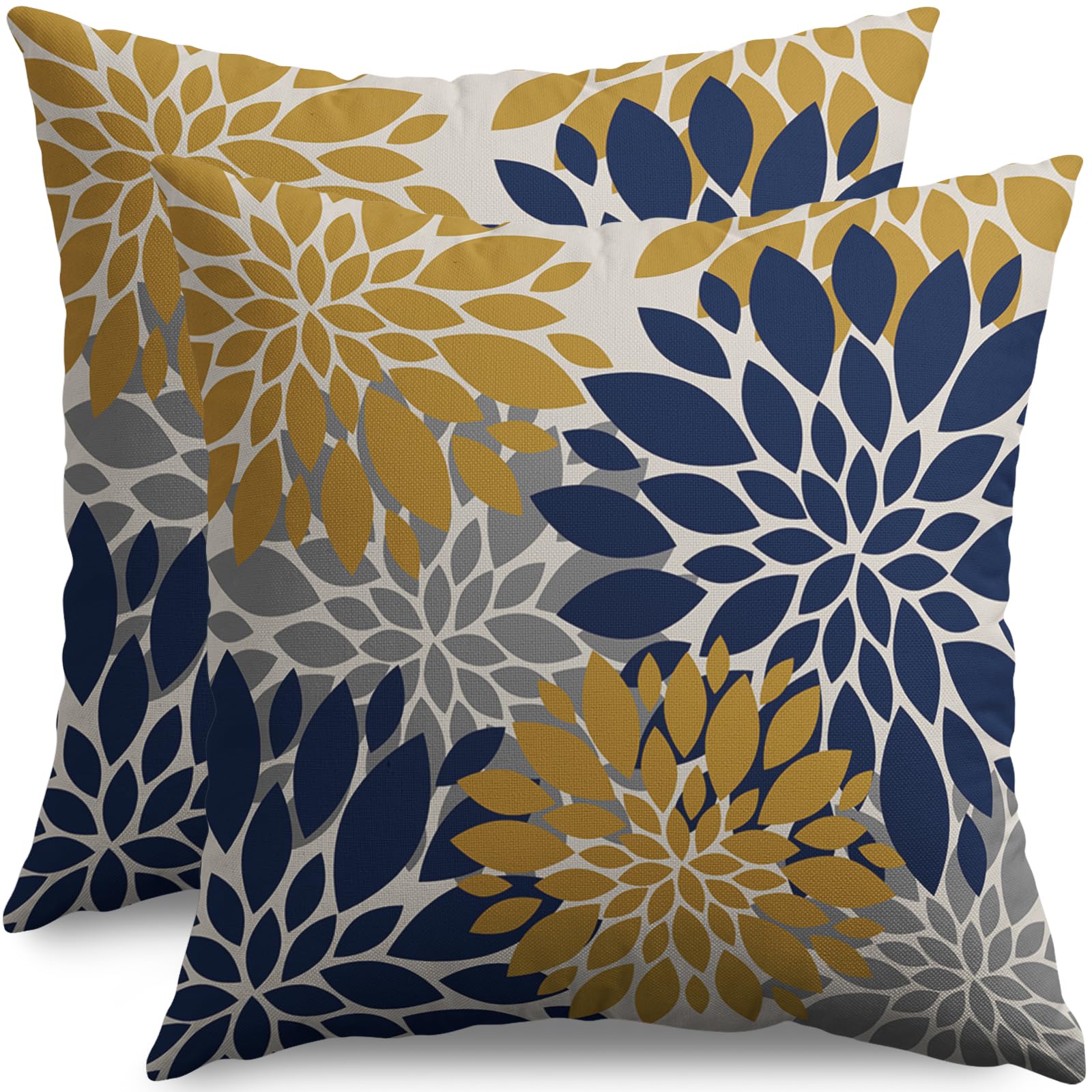 Yellow And Blue Throw Pillow Covers 18X18 Inch Set Of 2, Navy Yellow Gray Grey Dahlia Floral Print Modern Decorative Pillow Cove
