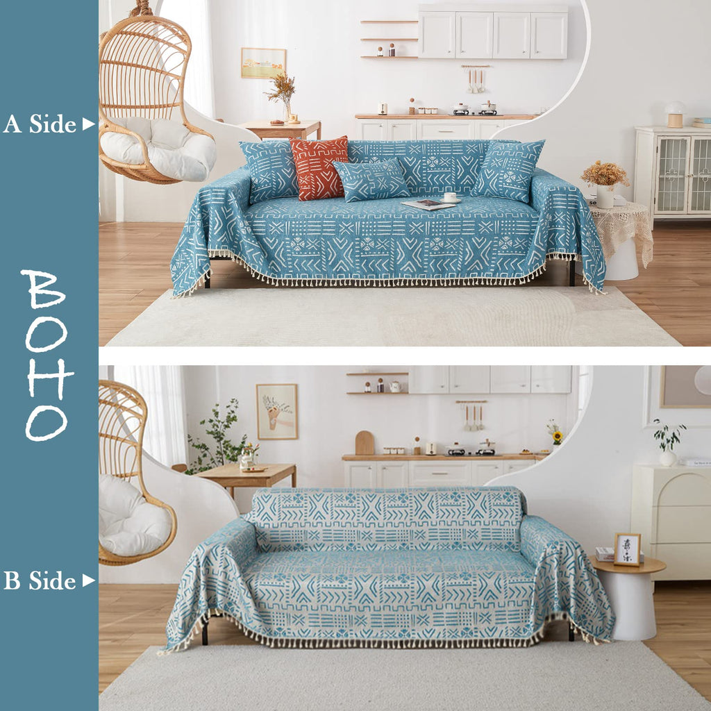 Handontime Turquoise Couch Protector For Dogs Boho Tassel Blue Couch Cover Farmhouse Sofa Covers Aztec Tribal Couch Covers For 3 Cushion Couch Sofa Universal Sofa Slipcover For Home Décor, 71' X150'