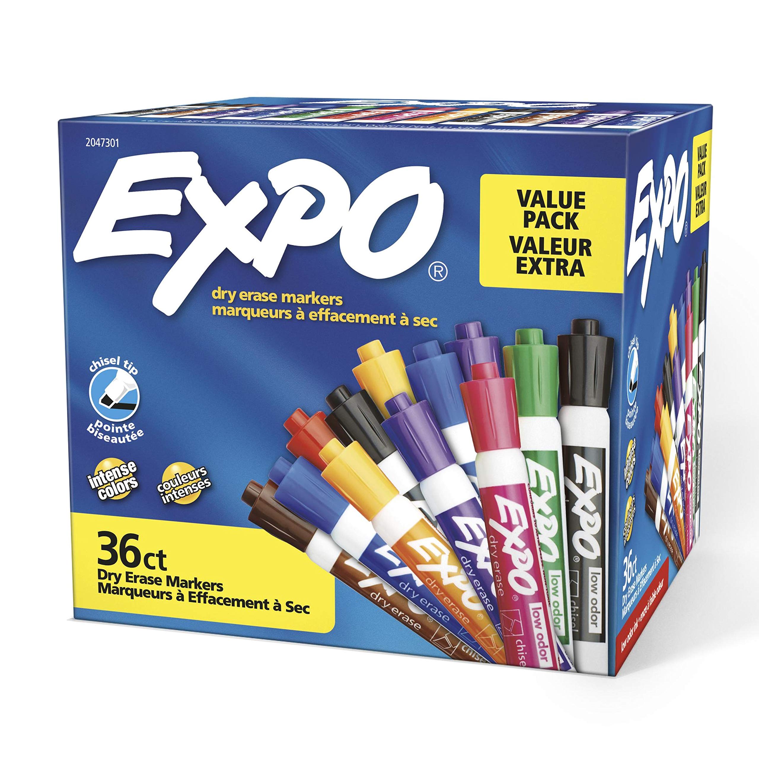 Expo Chisel Tip Dry Erase Markers, Low-Odor Assorted Colors, Pack Of 36 - Ideal For Classrooms, Offices, And Homes