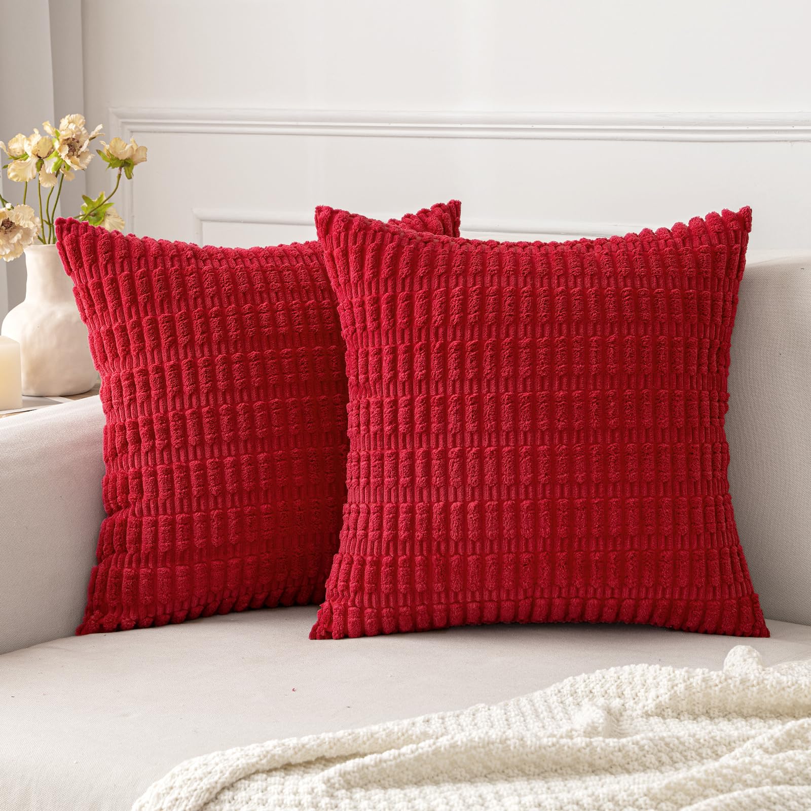Miulee Pack Of 2 Red Corduroy Decorative Pillow Covers 18X18 Inch Soft Boho Striped Throw Pillow Covers Modern Farmhouse Home De