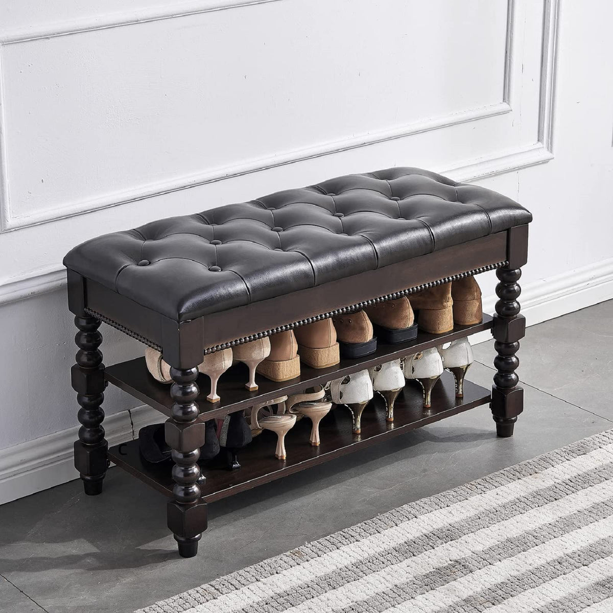 LEILISI Shoe Bench, Shoe Storage Bench with Cushion 2 Tier Lift Top Shoe Rack for Entryway Living Room Bedroom Hallway Wooden Fu