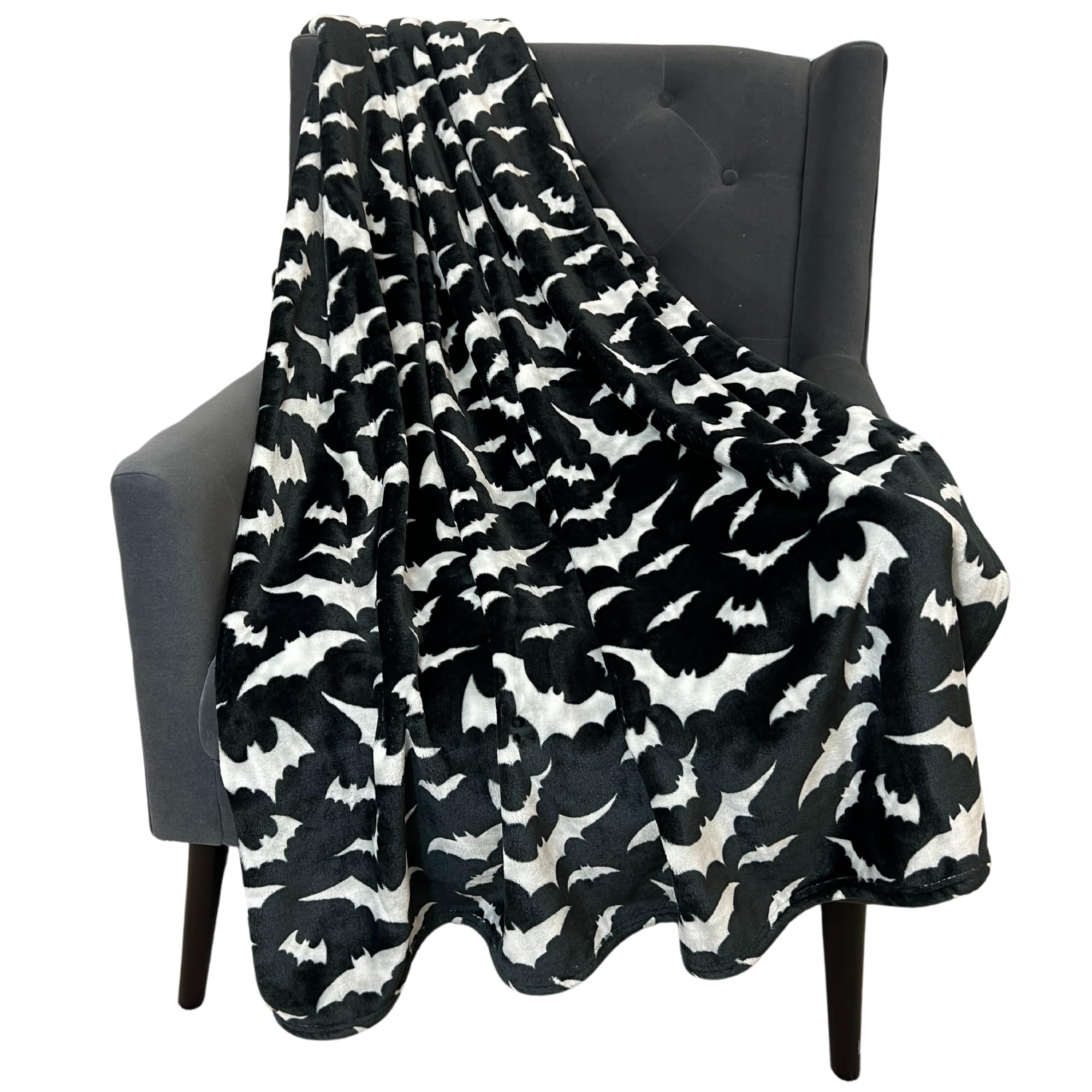 Spooky Halloween Throw Blanket for Couch or Sofa: Silver Night Bats on Black Design on Soft Velvet Fleece Oversized 50' x 70'
