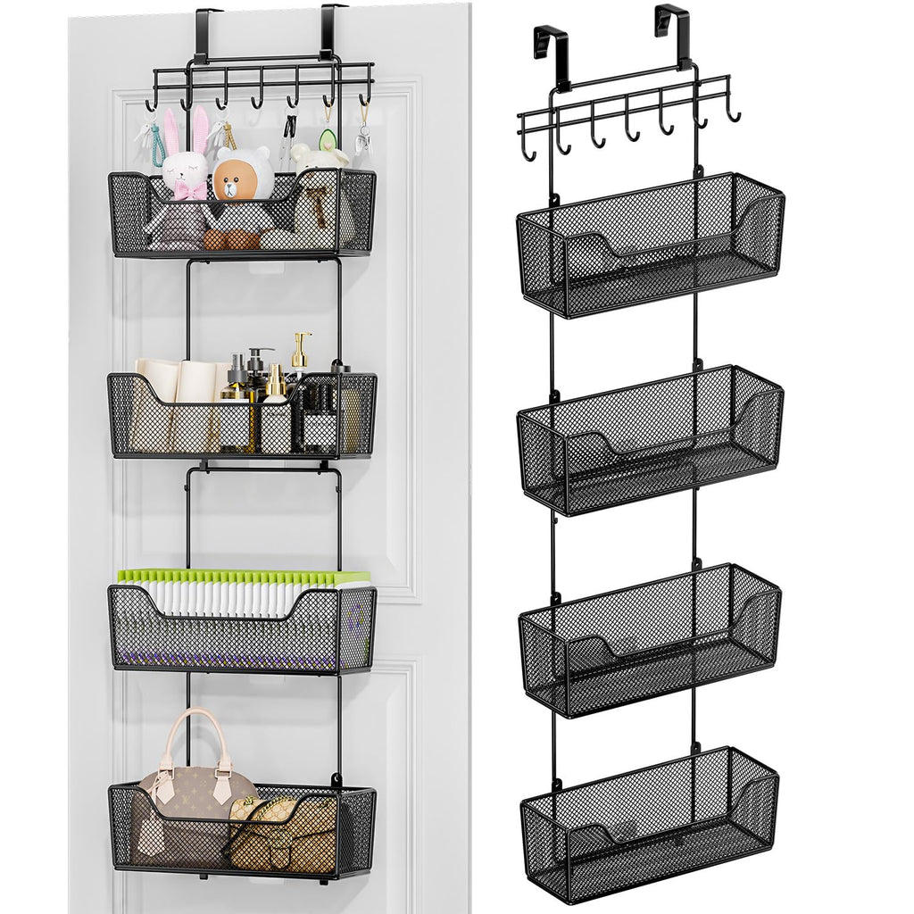 HapiRm Over The Door Organizer - Hanging Door Organizer with 4 Metal Large Capacity Baskets and Adjustable Coat Hook, Behind Doo