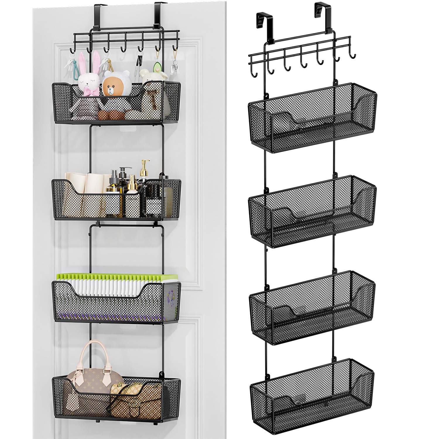 HapiRm Over The Door Organizer - Hanging Door Organizer with 4 Metal Large Capacity Baskets and Adjustable Coat Hook, Behind Doo