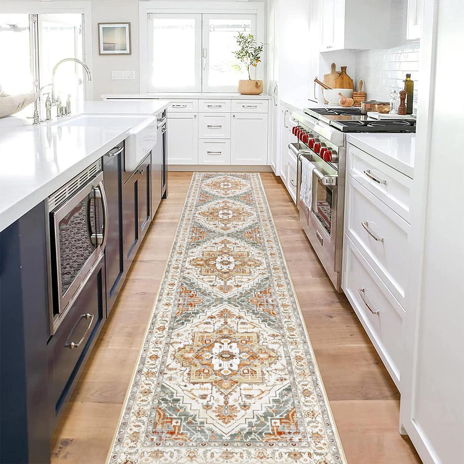 Pauwer Hallway Runner Rug 2X10, Long Washable Kitchen Rugs Runner, Farmhouse Vintage Medallion Area Rug Carpet Runner, Soft Thro