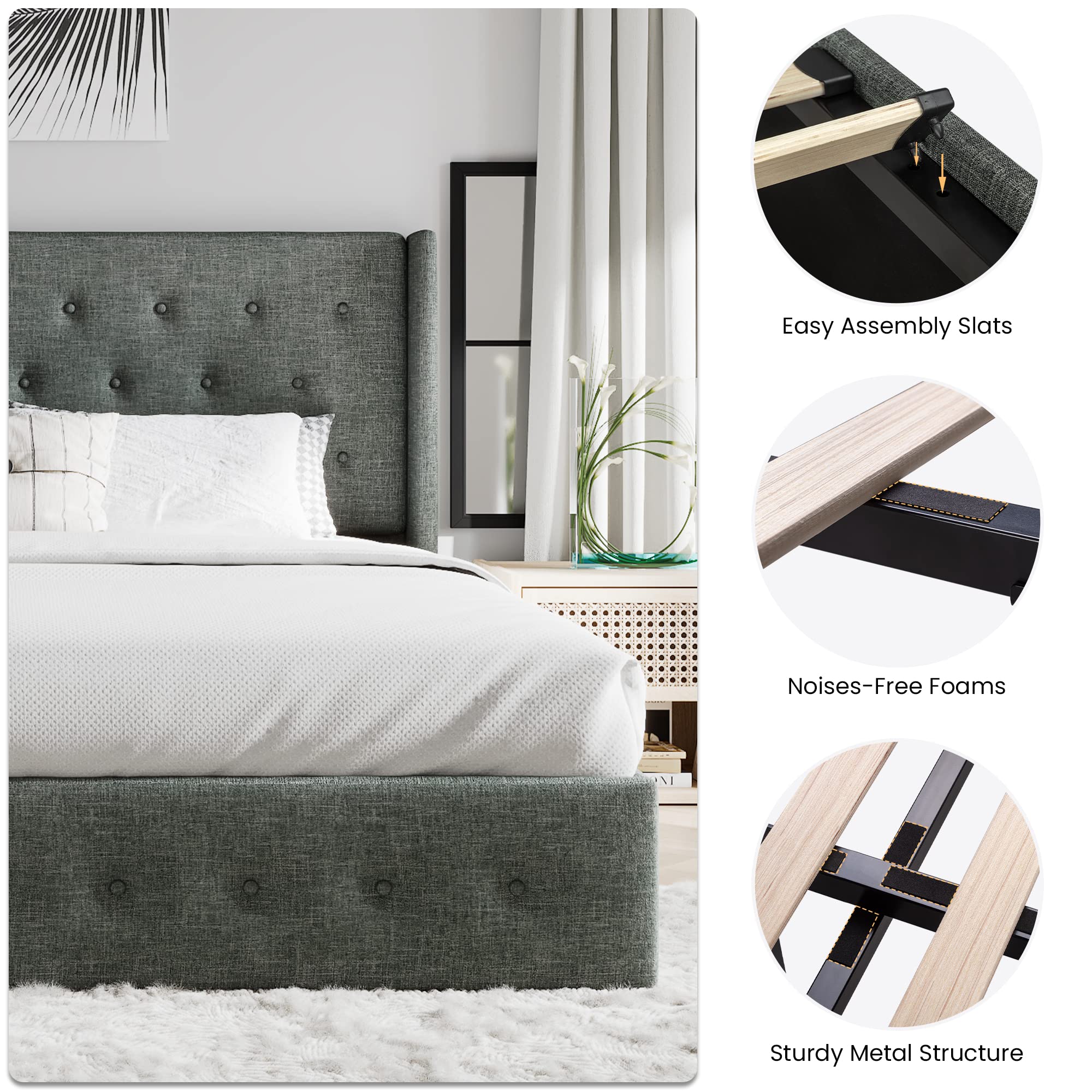 Sha Cerlin King Size Lift Up Storage Bed/Button Tufted Wingback Headboard/Hydraulic Storage/Upholstered Platform Bed Frame/No Box Spring Needed/Wood Slats Support/Dark Grey