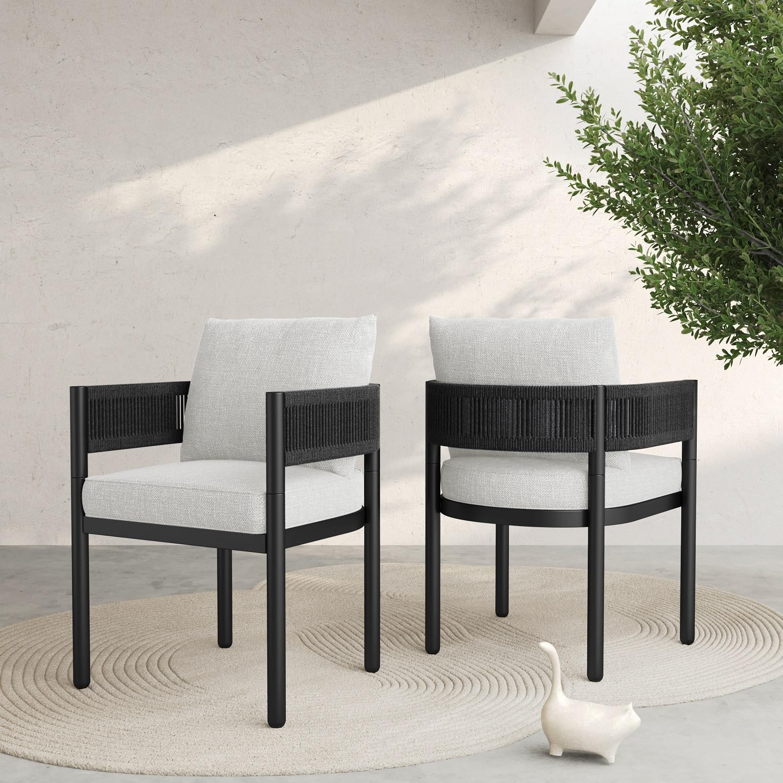 Grand Patio Outdoor Dining Chair Set Of 2, 2 Pieces Patio Dining Chairs, Metal Woven Wicker Fixed Patio Chairs With Grey Cushion