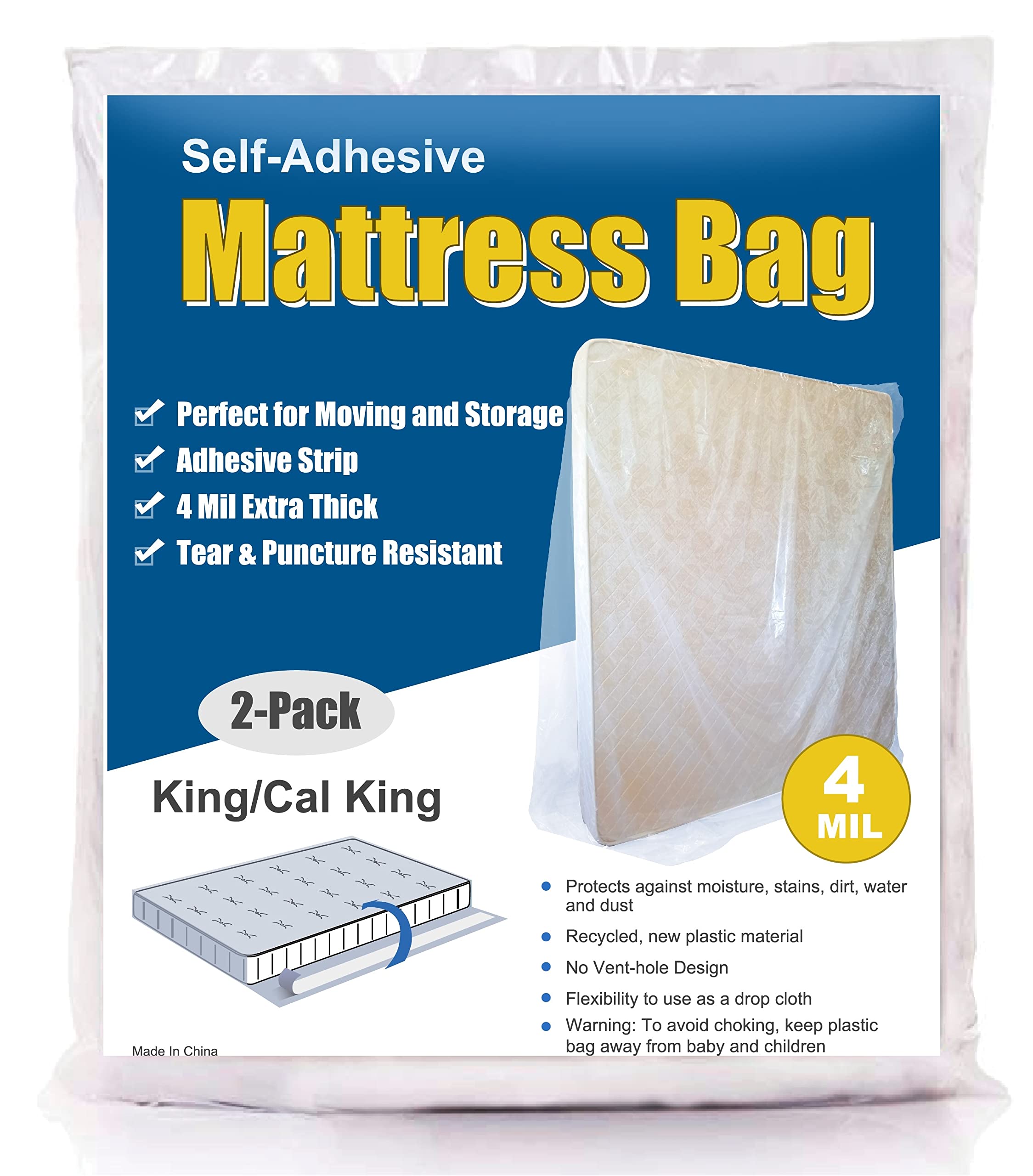 Comforthome 4 Mil Extra Thick Sealable Mattress Bag With Adhesive Strip For Moving And Storage, Heavy Duty, Fits King And Cal Ki