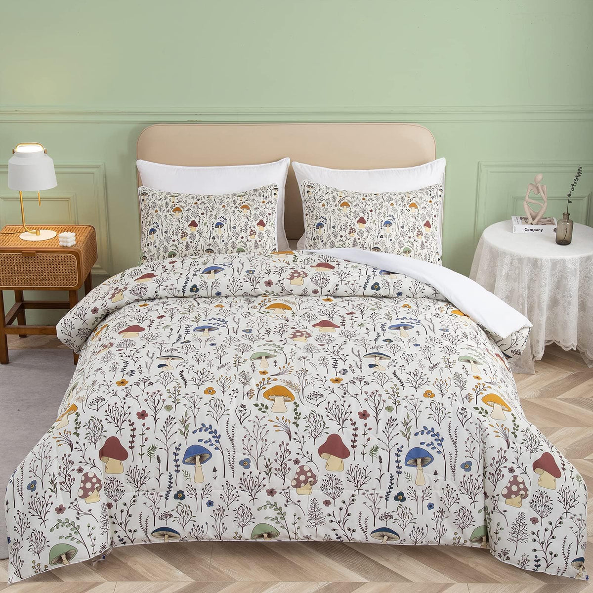Soulzzz Mushroom Comforter Set, 3 Piece Twin Bedding With Plants, Flowers & Aesthetic Cute Mushroom Decor For Kids Adults, Cream