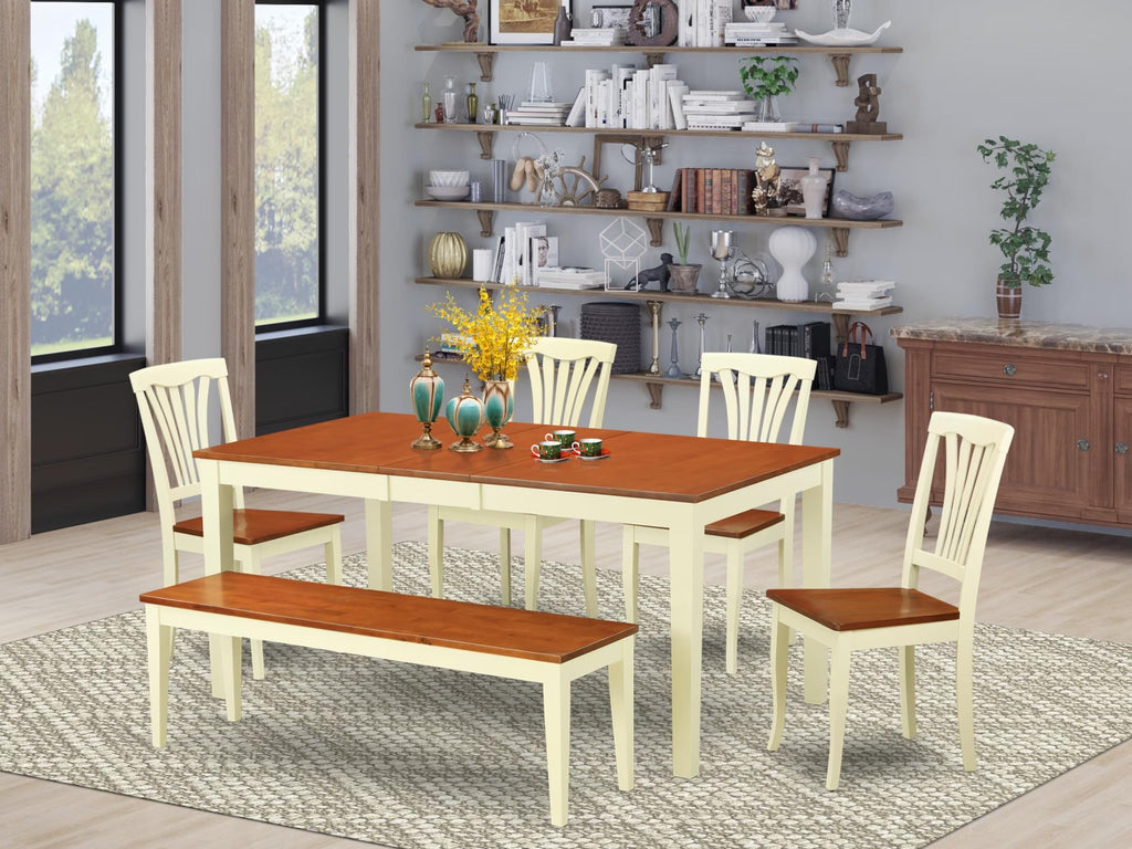 East West Furniture NIAV6-WHI-W 6 Piece Dining Table Set Contains a Rectangle Dining Room Table with Butterfly Leaf and 4 Wooden Seat Chairs with a Bench, 36x66 Inch, Buttermilk & Cherry