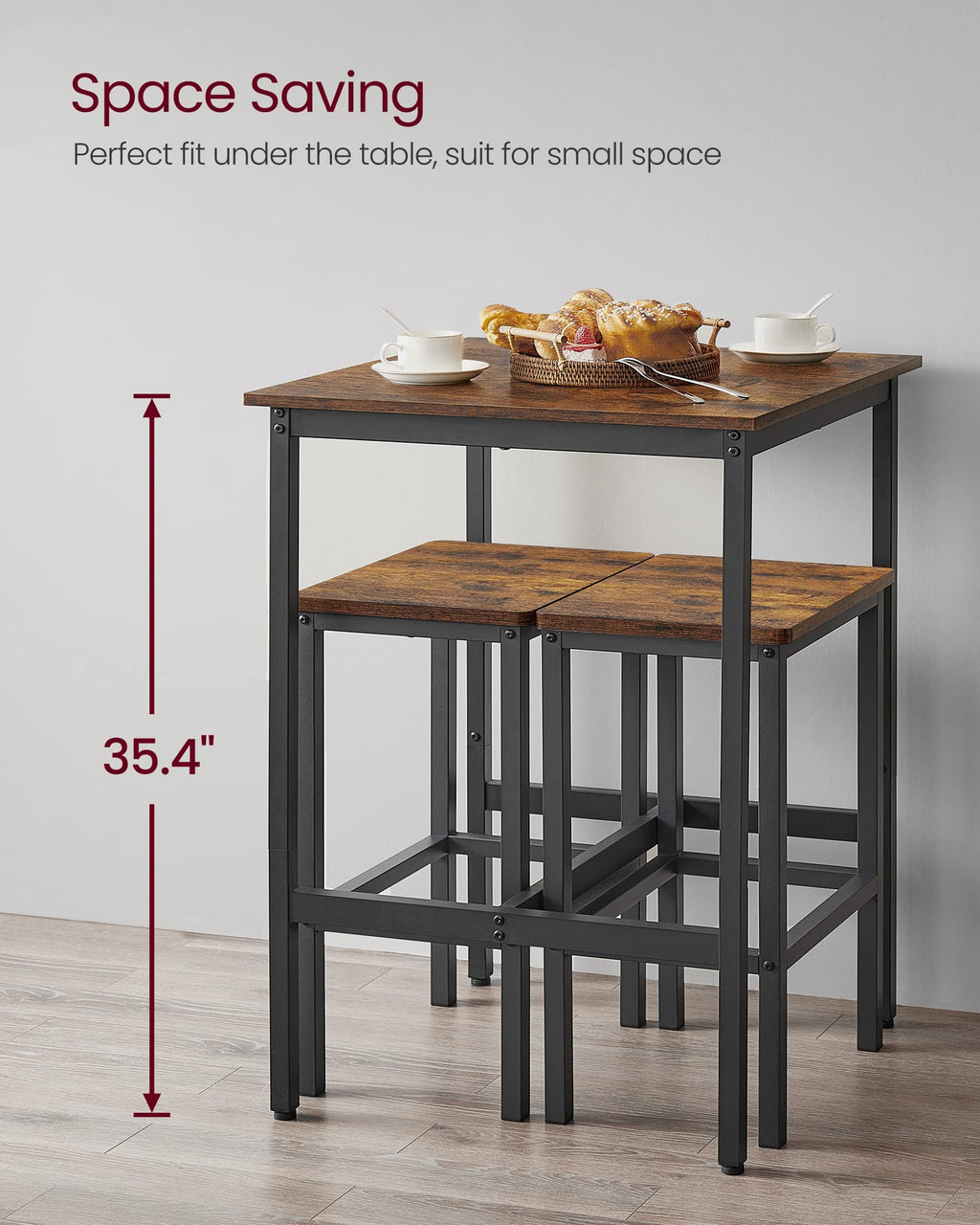 Vasagle Bar Table And Chairs Set, Square Bar Table With 2 Bar Stools, Dining Pub Bar Table Set For 2, Space Saving For Kitchen Breakfast, Living Room, Party Room, Rustic Brown And Ink Black